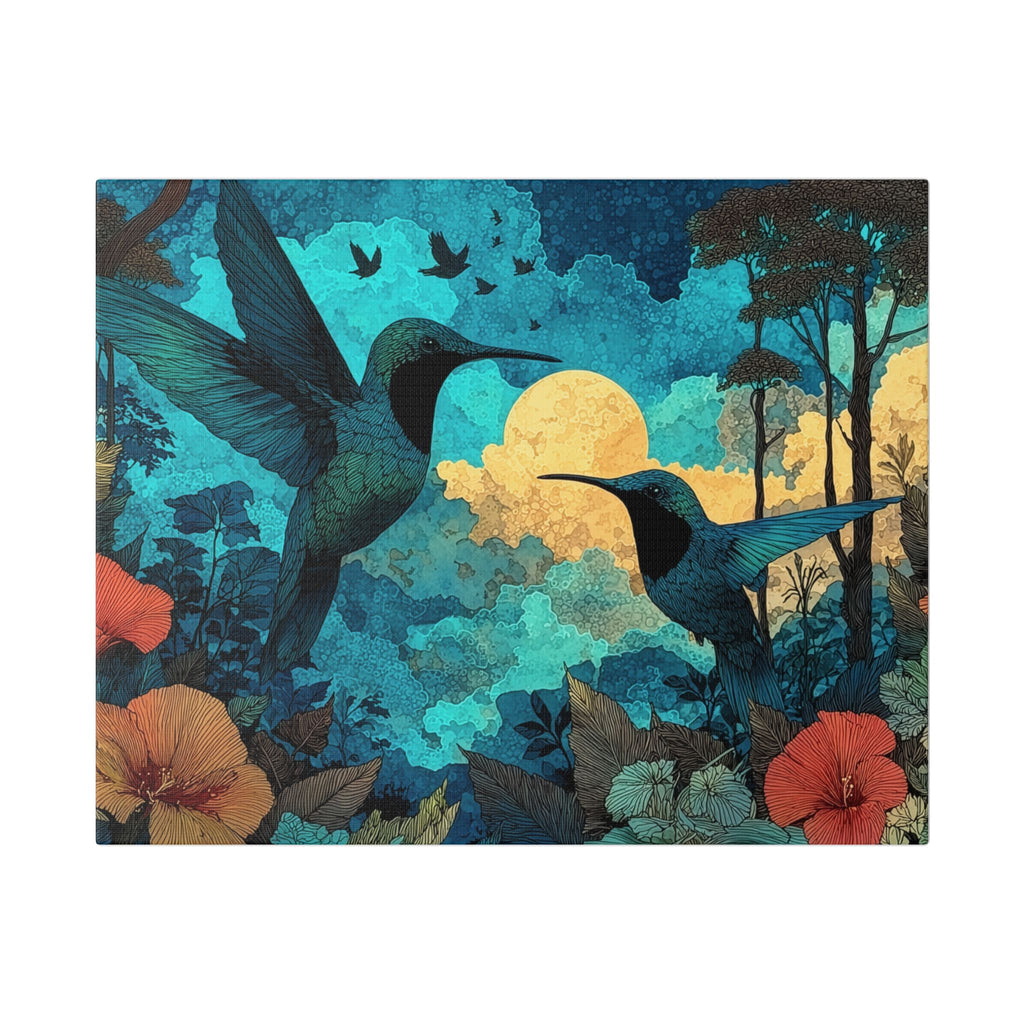 Hummingbird Moonlight Dance Canvas Wall Art — Tropical Floral Stretched Canvas