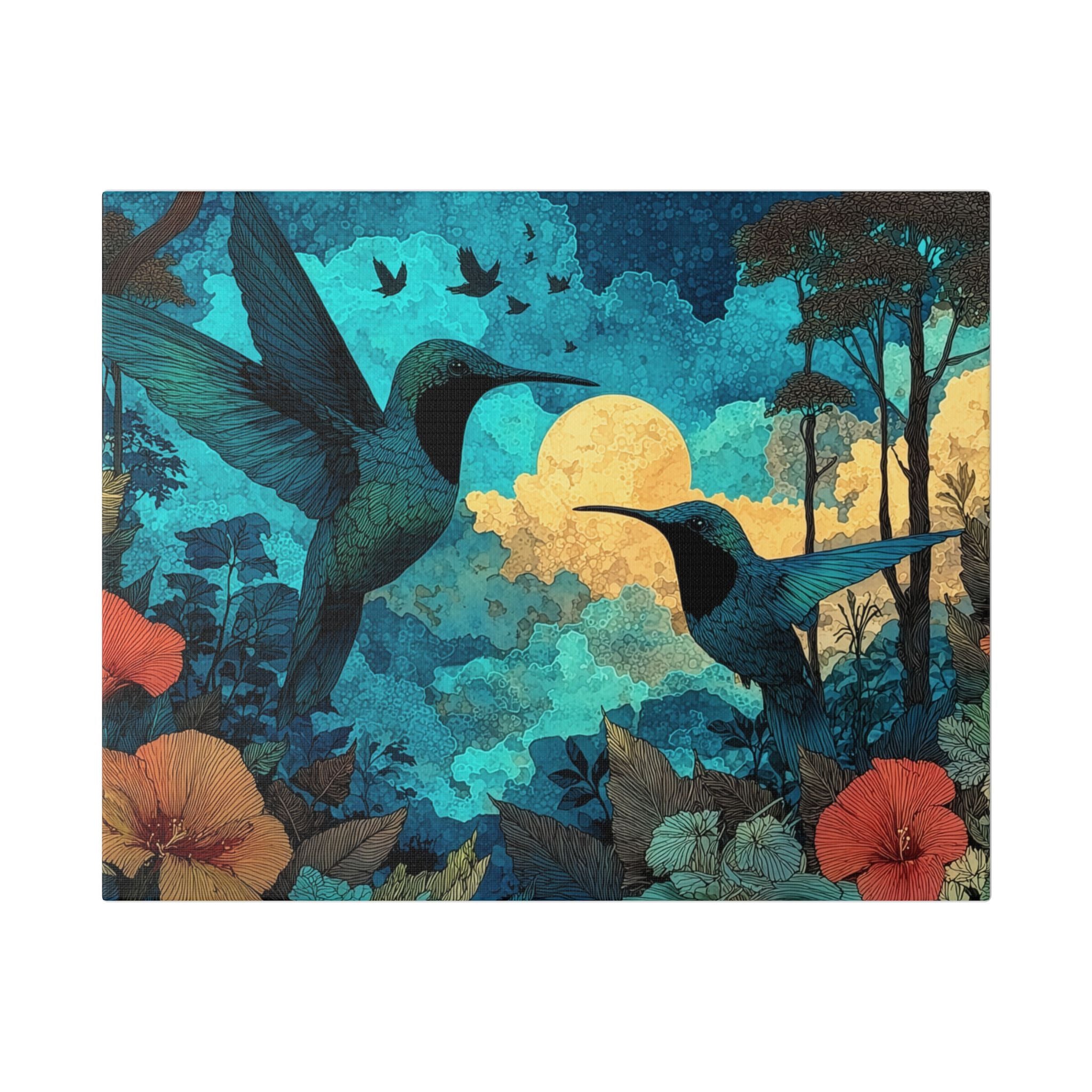 Hummingbird Moonlight Dance Canvas Wall Art — Tropical Floral Stretched Canvas