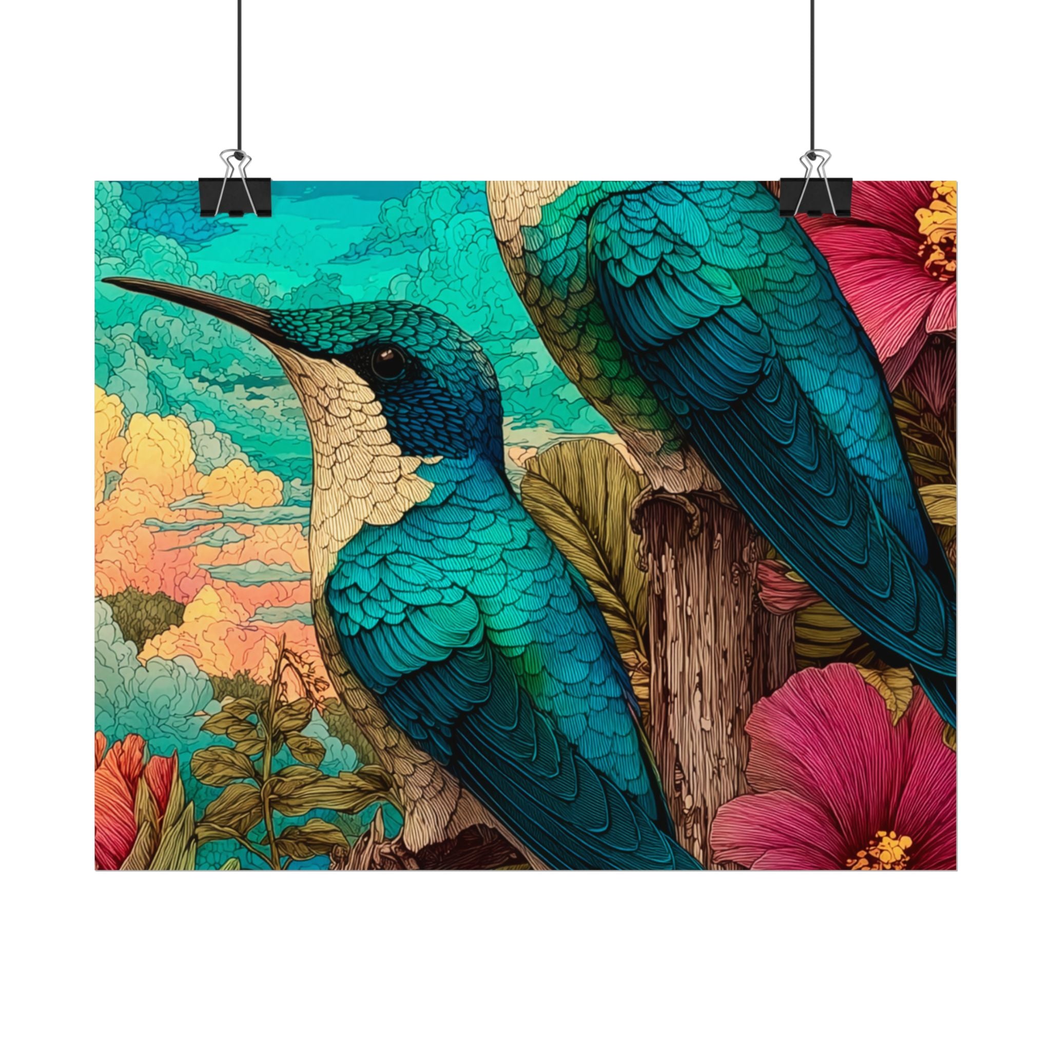 Hummingbird Watercolor Art Poster — Textured Matte Nature Print