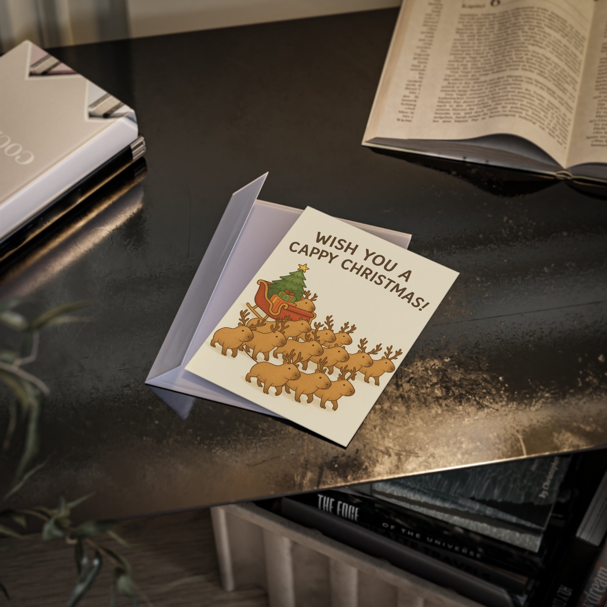 Holiday Card — "Wish You a Cappy Christmas!" Cute Reindeer & Sleigh Christmas Card