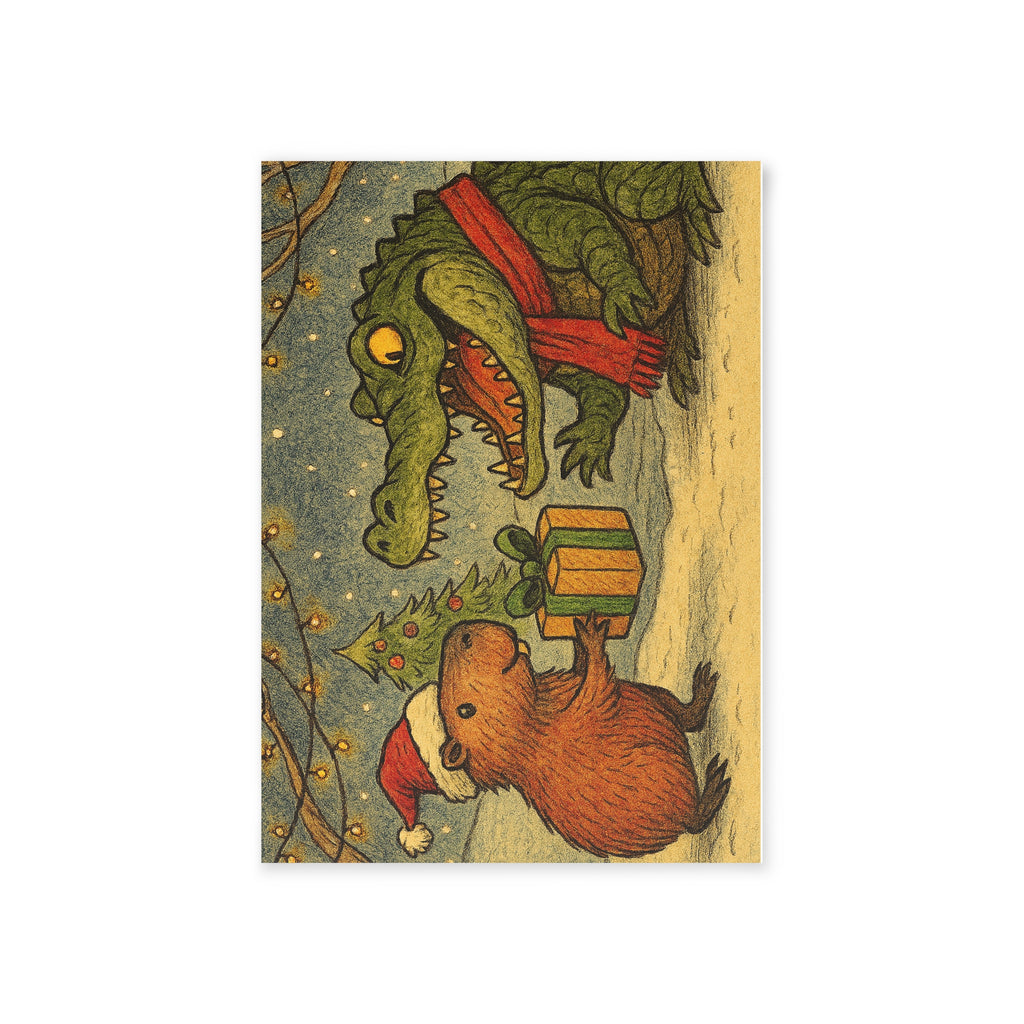 Holiday Card — Cute Capybara & Crocodile Christmas Illustration (One-Sided)