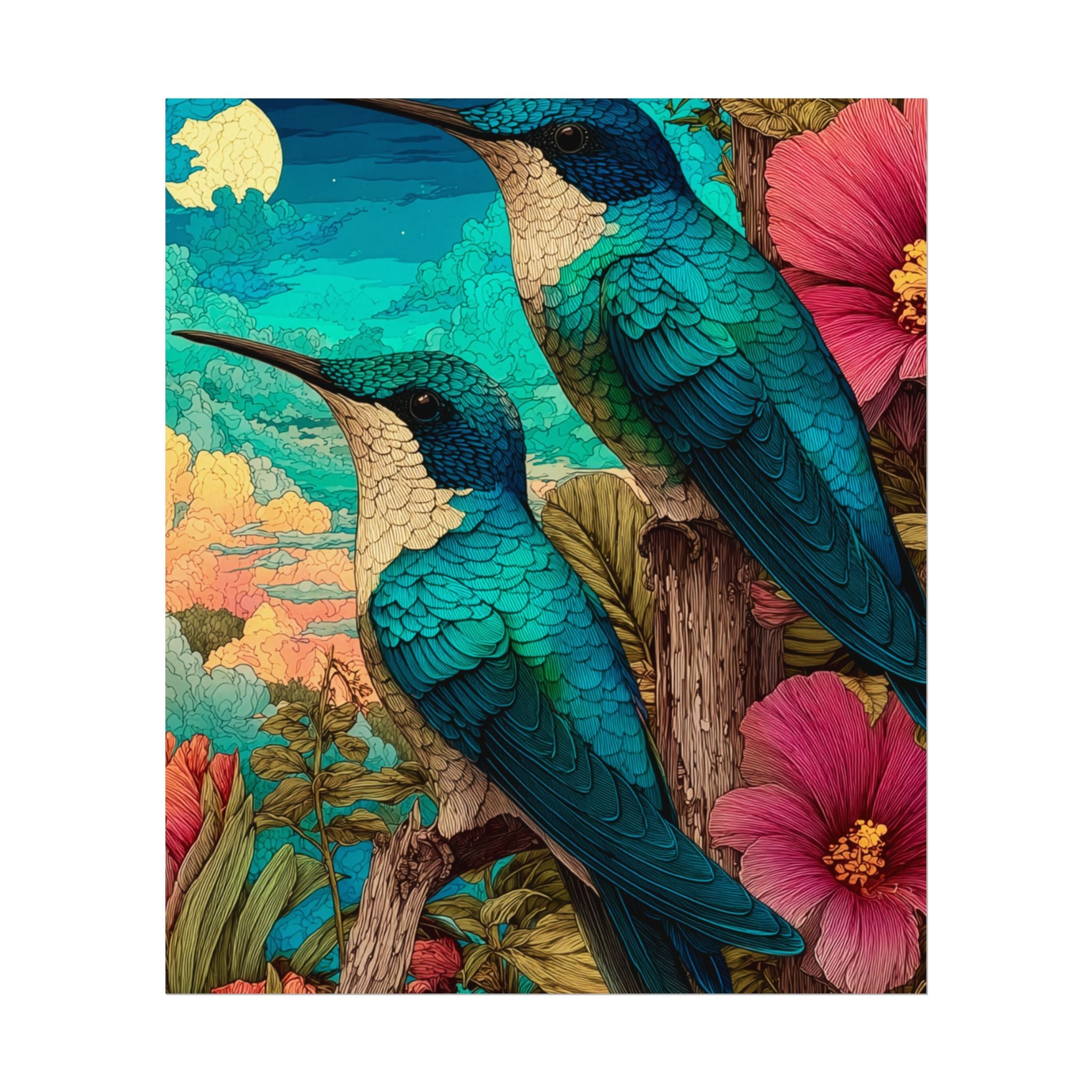 Hummingbird Watercolor Art Poster — Textured Matte Nature Print