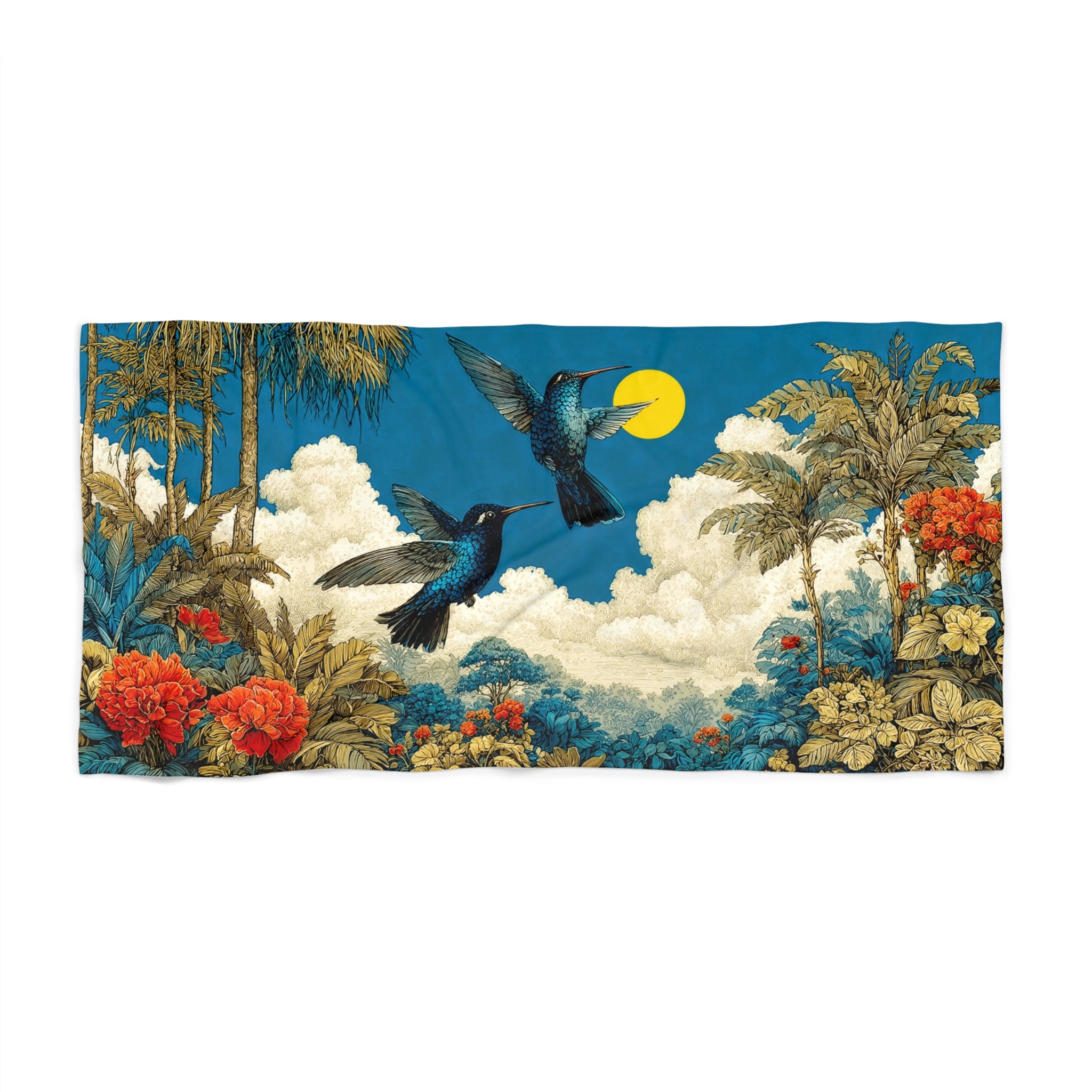 Tropical Hummingbird Beach Towel — Vintage Floral Paradise Design