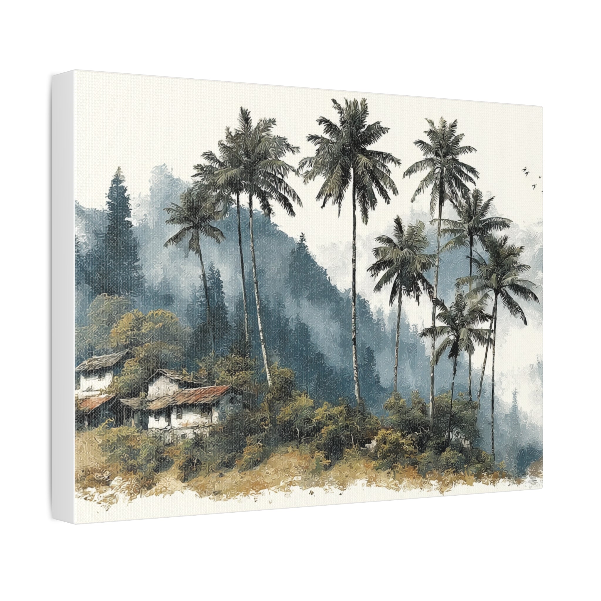 Tropical Palm Landscape Stretched Canvas – Serene Coastal Cottage Wall Art