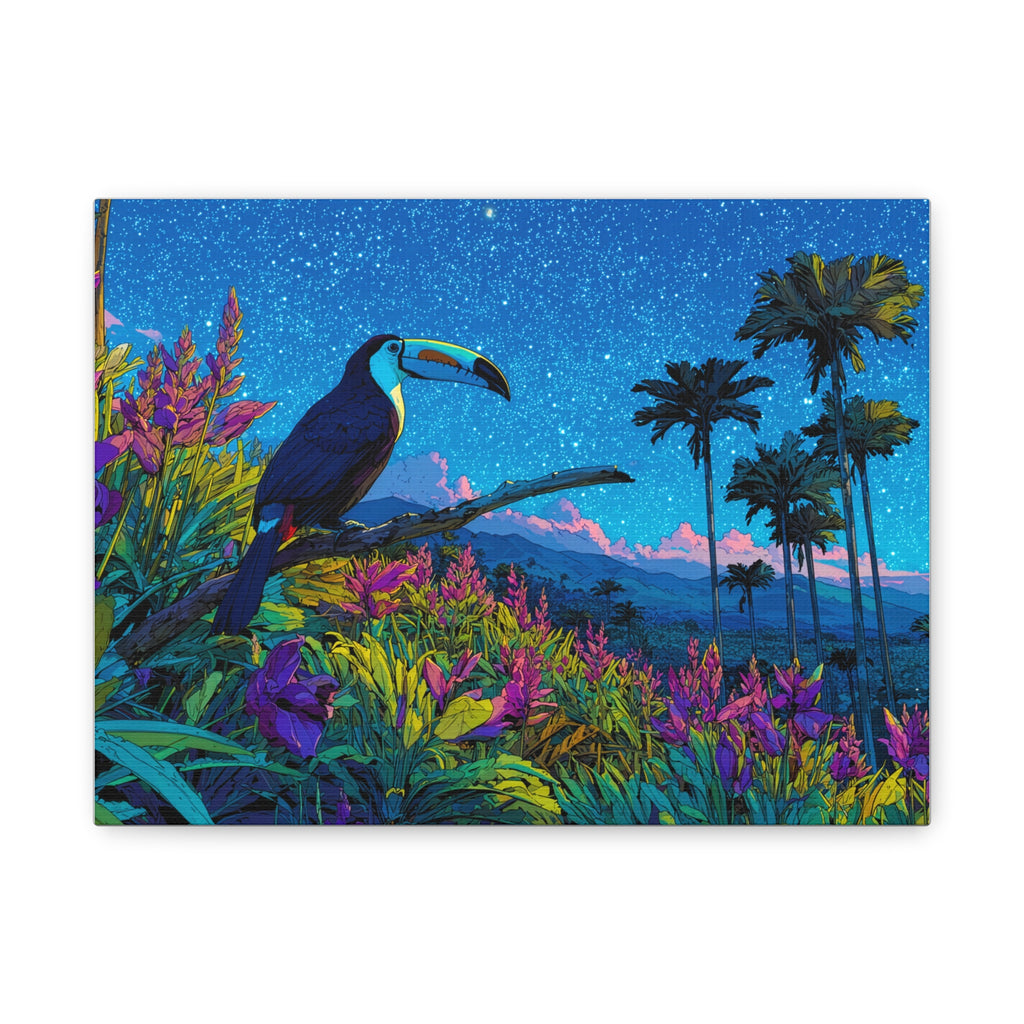 Tropical Toucan Canvas Wall Art — Vibrant Night Sky Tropical Landscape