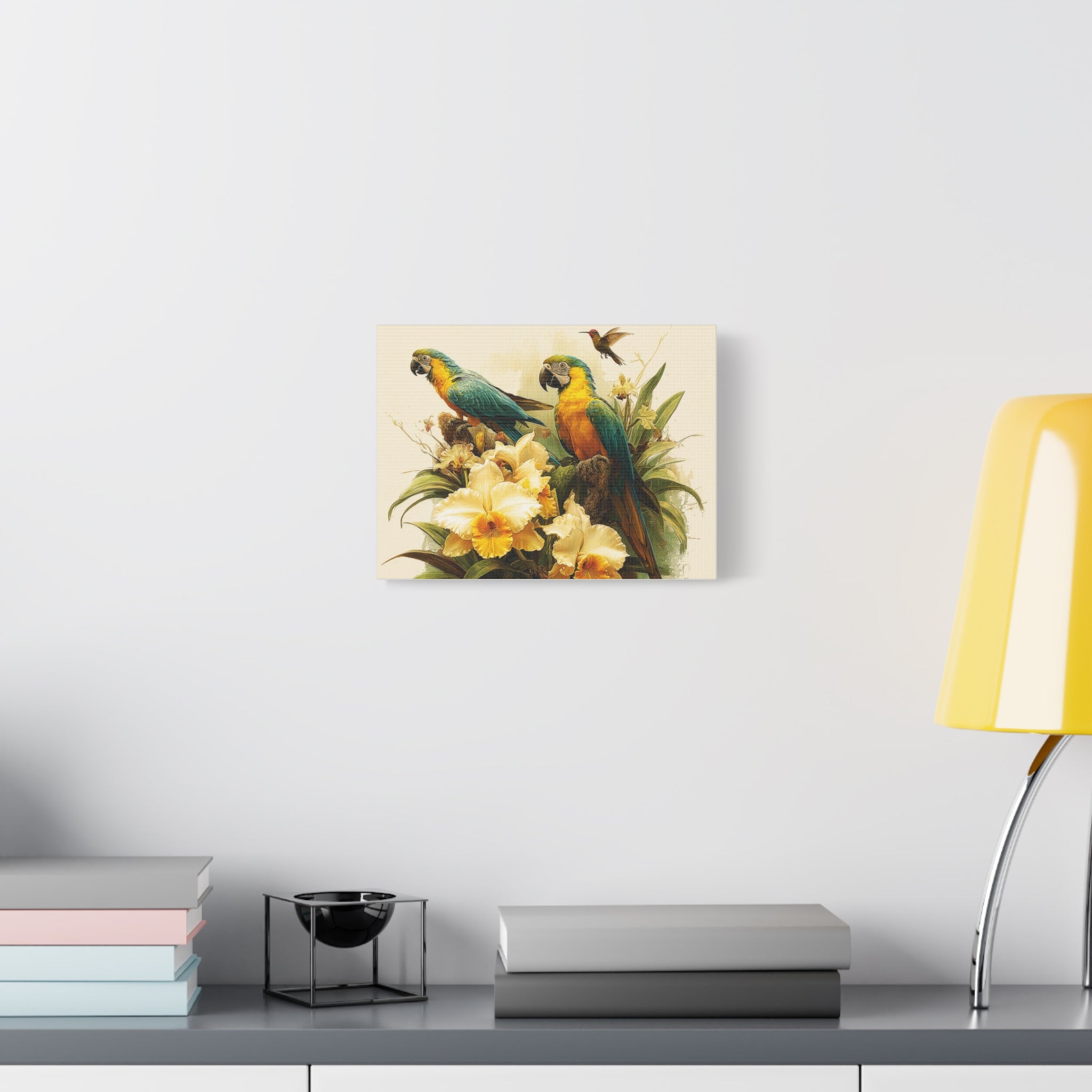 Tropical Parrot Canvas Wall Art — Blue-and-Gold Macaws with Orchids