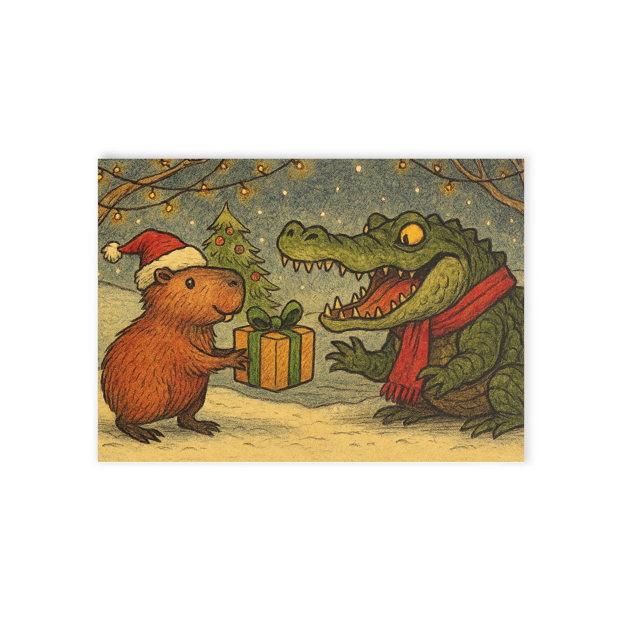 Holiday Card — Cute Capybara & Crocodile Christmas Illustration (One-Sided)