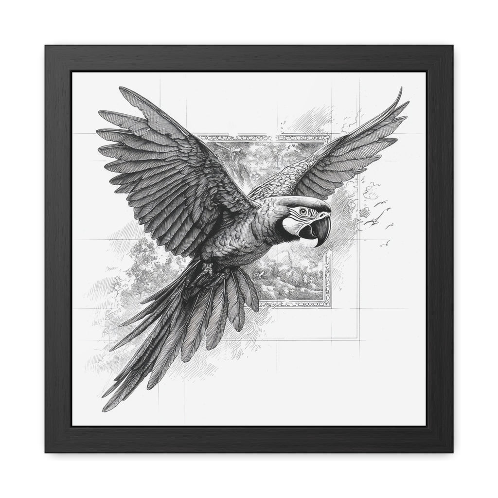 Framed Poster — Black & White Flying Macaw Art Print
