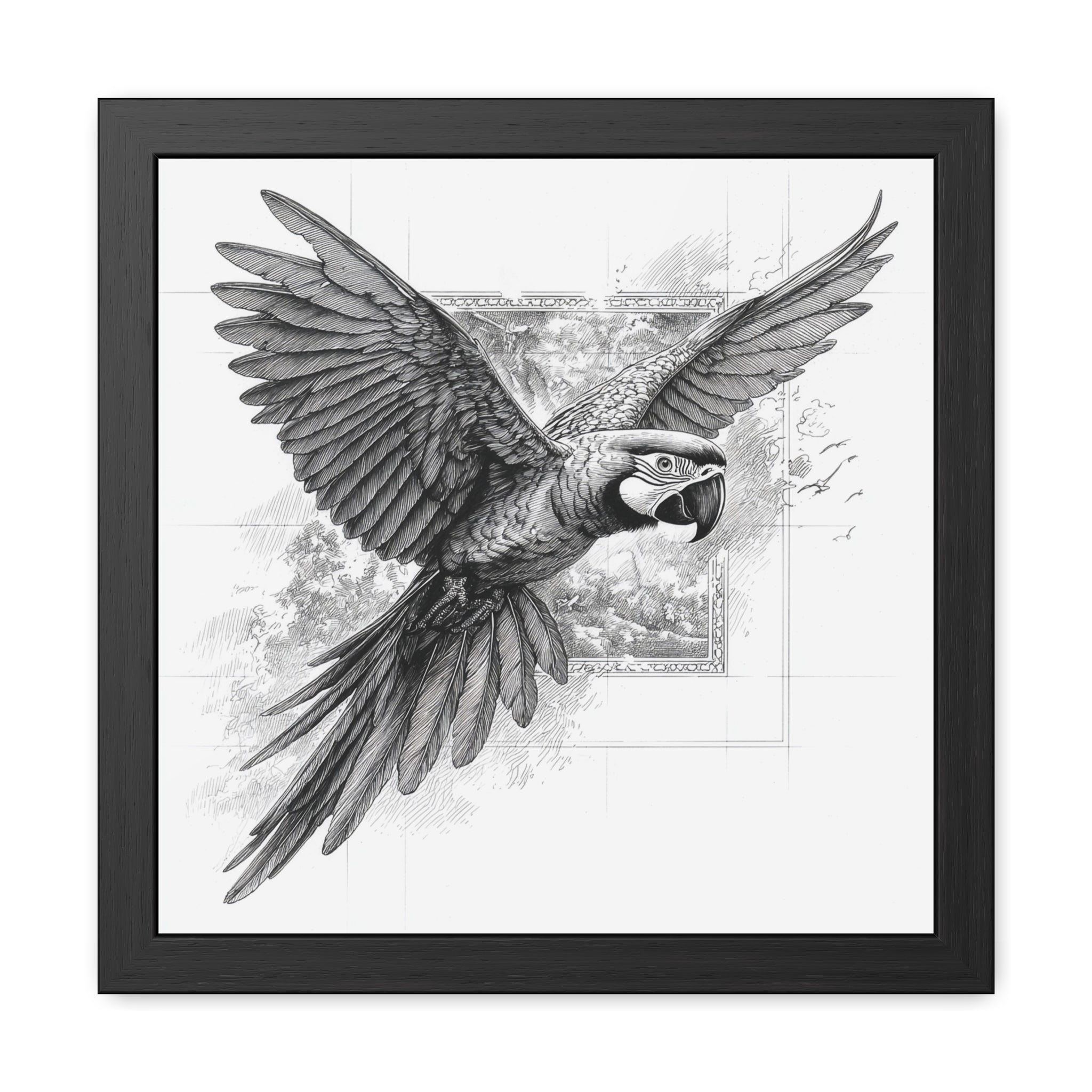 Framed Poster — Black & White Flying Macaw Art Print