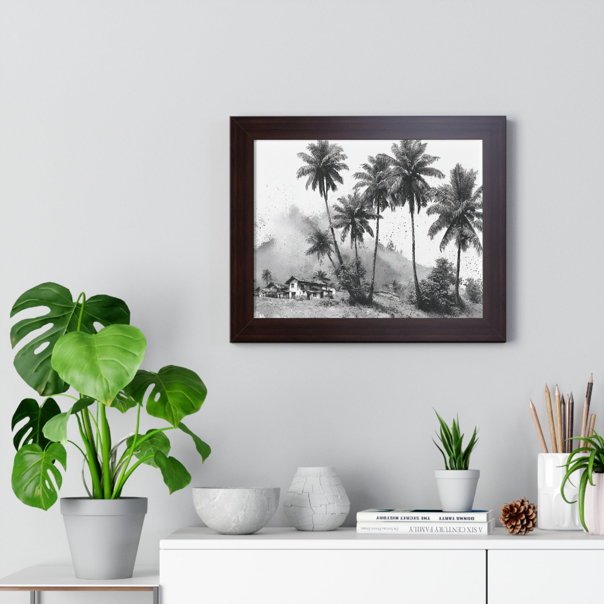 Framed Poster - Black & White Tropical Palm Landscape