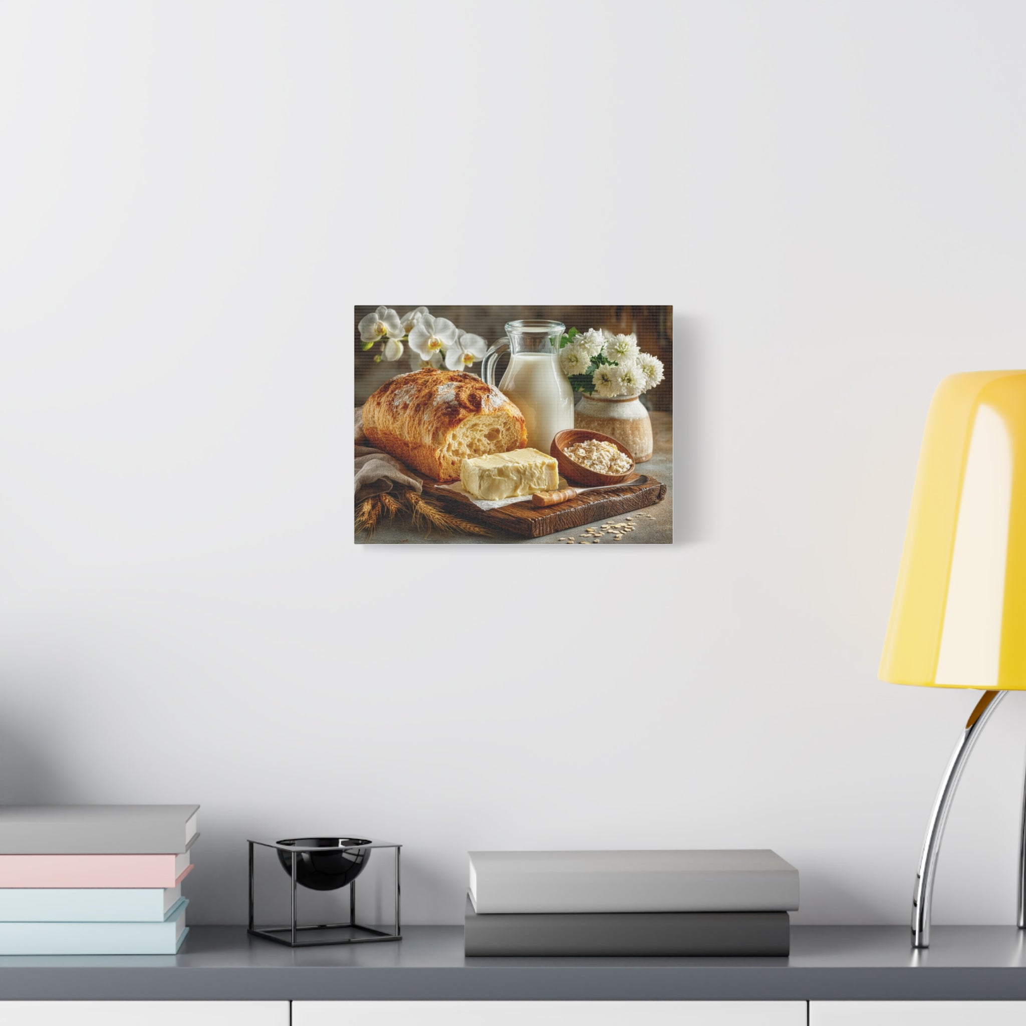 Kitchen Wall Canvas — "Milk, Butter, Bread, and Orchids" Stretched Matte Print