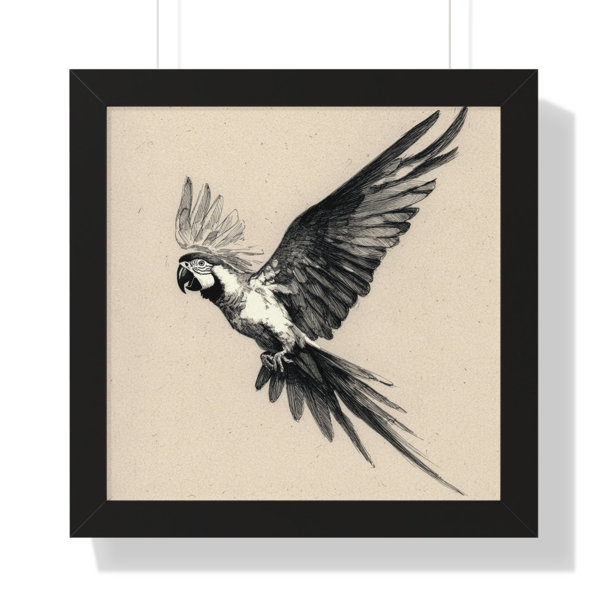 Framed Parrot Art Print — Vintage Black & White Aviary Poster