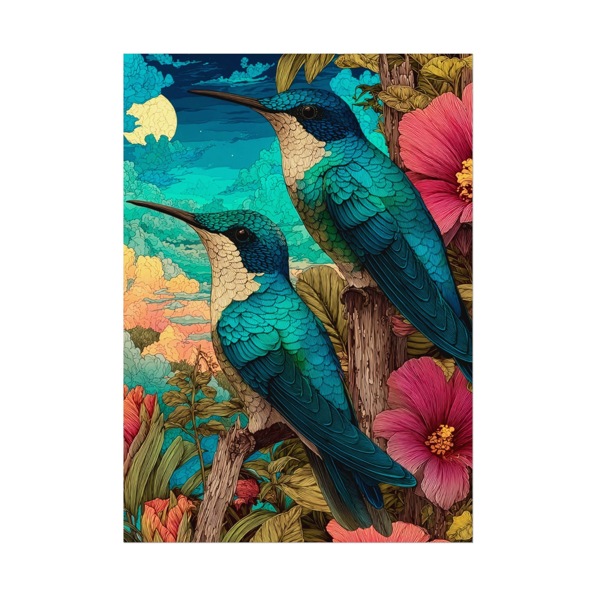 Hummingbird Watercolor Art Poster — Textured Matte Nature Print