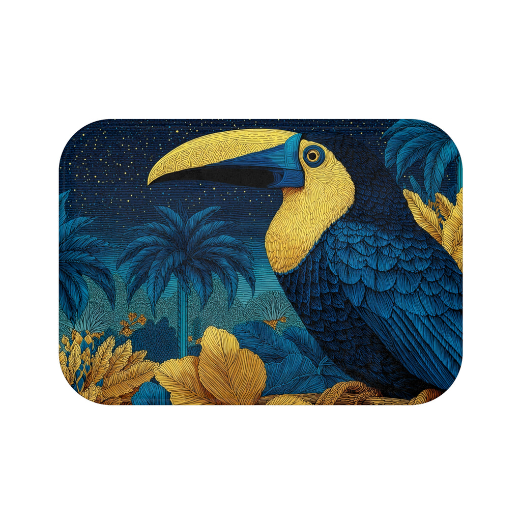 Tropical Toucan Bath Mat — Blue & Gold Jungle Bathroom Rug