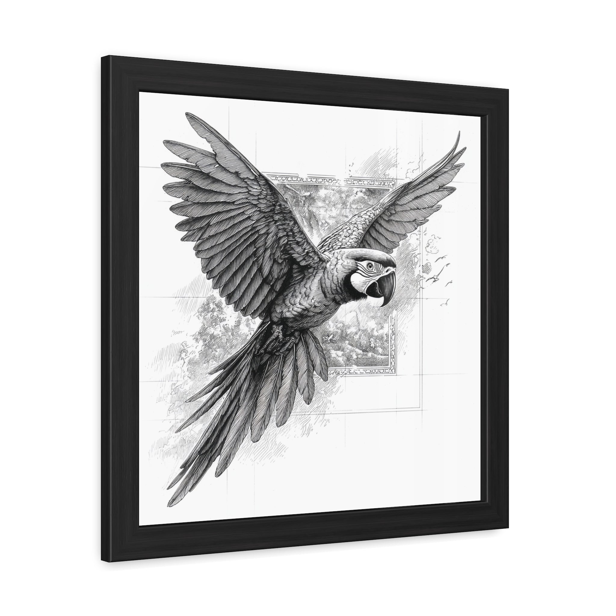 Framed Poster — Black & White Flying Macaw Art Print