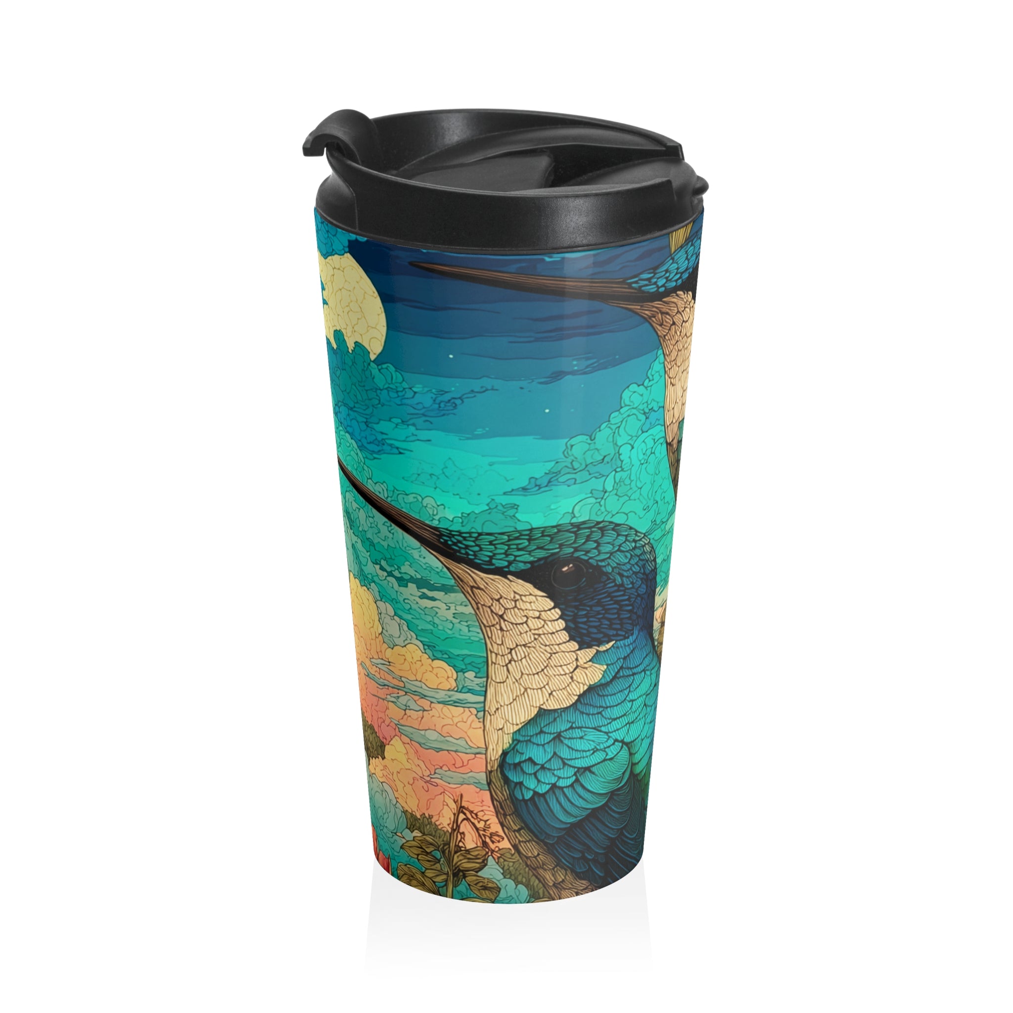 Hummingbird Stainless Steel Travel Mug — Bright Colorful Floral Design