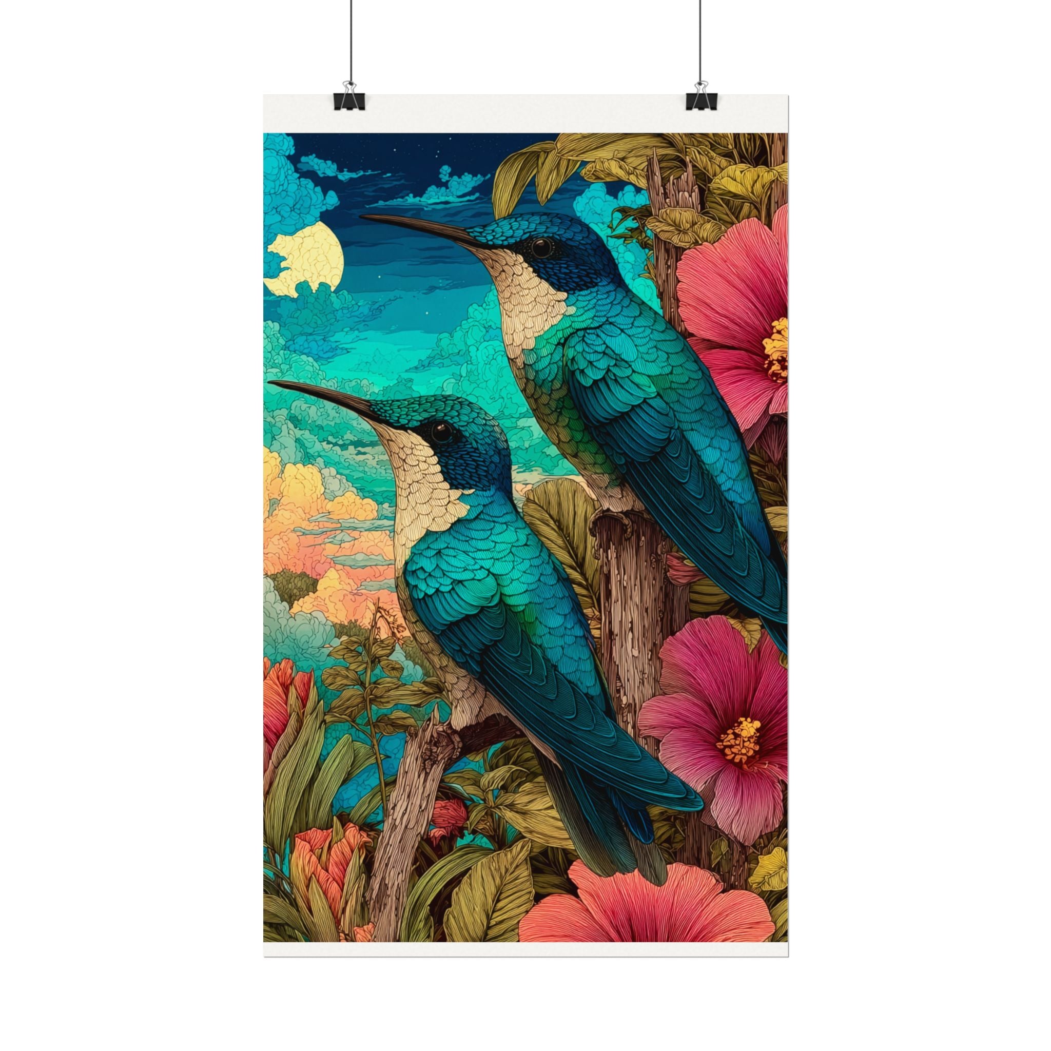 Hummingbird Watercolor Art Poster — Textured Matte Nature Print