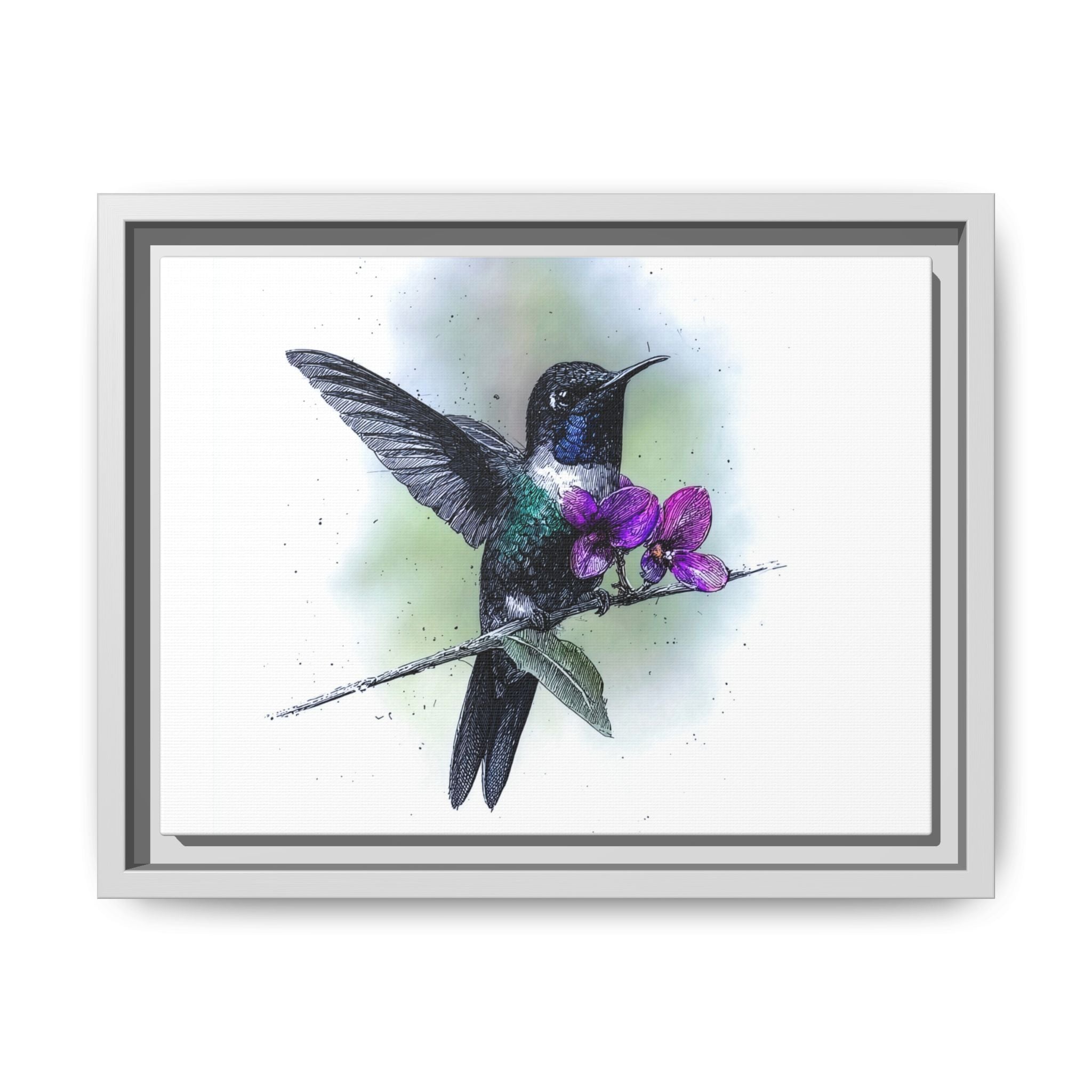 Framed Hummingbird Canvas Art - Purple Orchid Nature Print