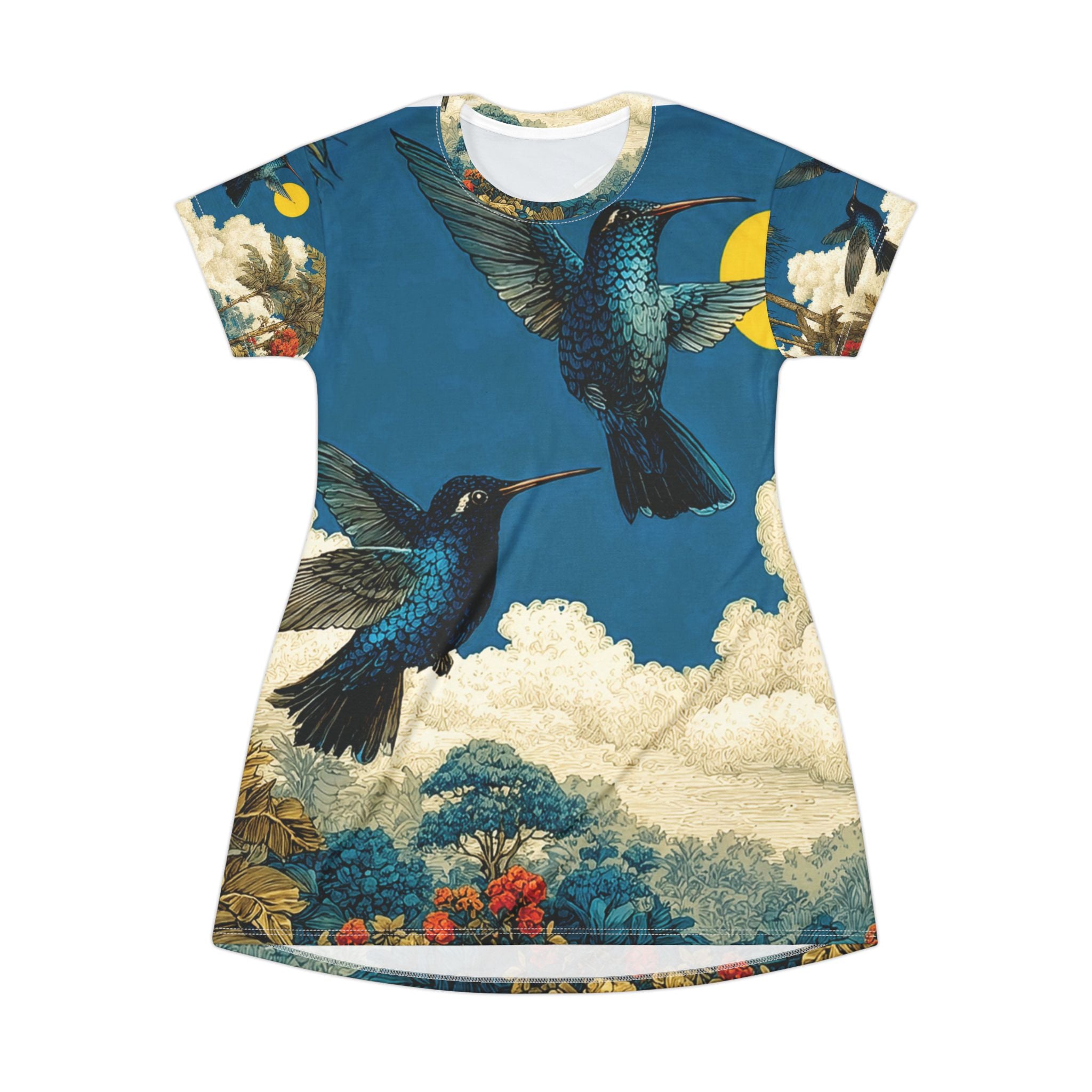 Song of the Blue Hummingbirds T-Shirt Dress — All-Over Print Floral Bird Sundress