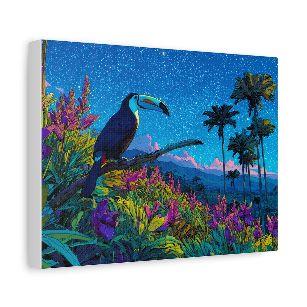 Tropical Toucan Canvas Wall Art — Vibrant Night Sky Tropical Landscape