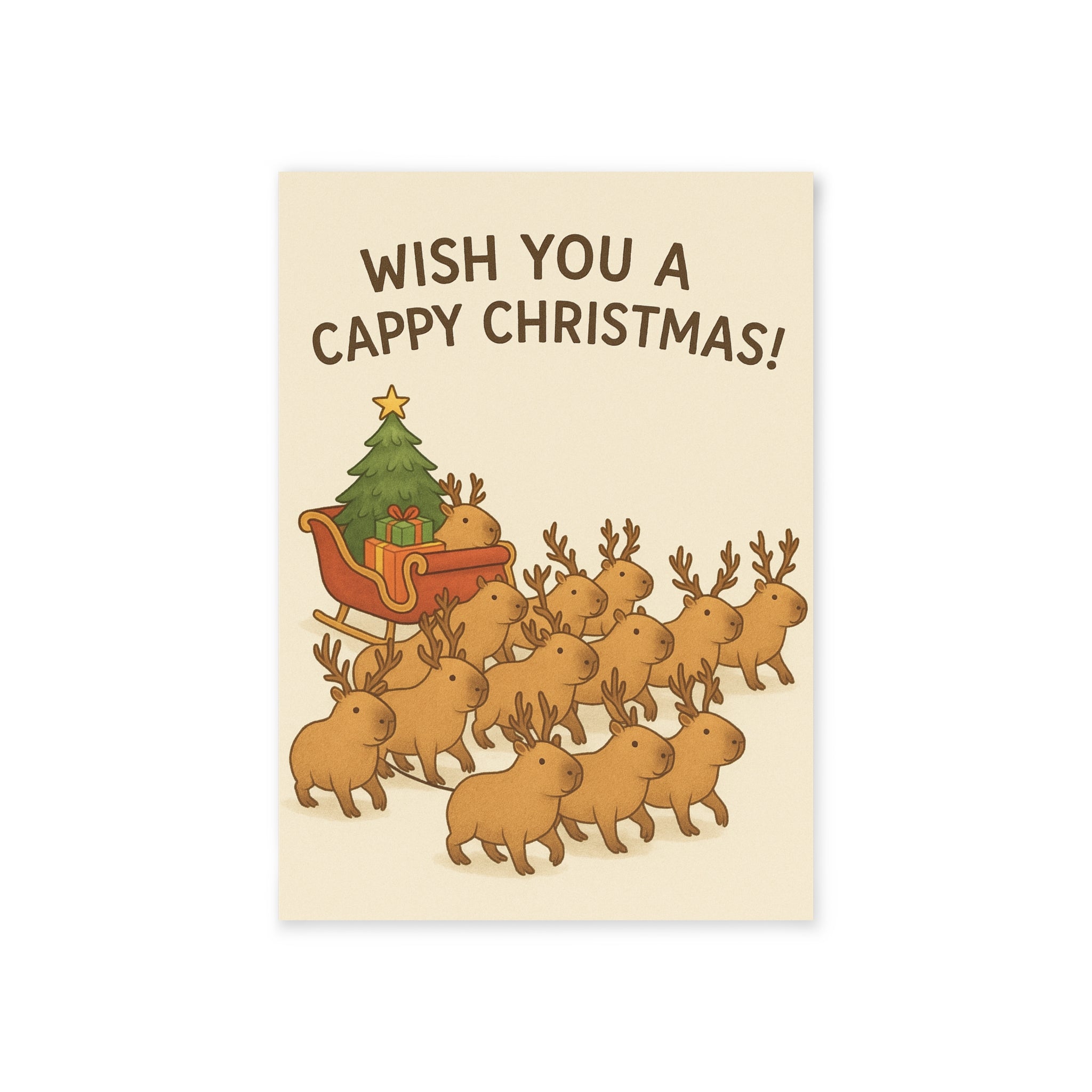 Holiday Card — "Wish You a Cappy Christmas!" Cute Reindeer & Sleigh Christmas Card