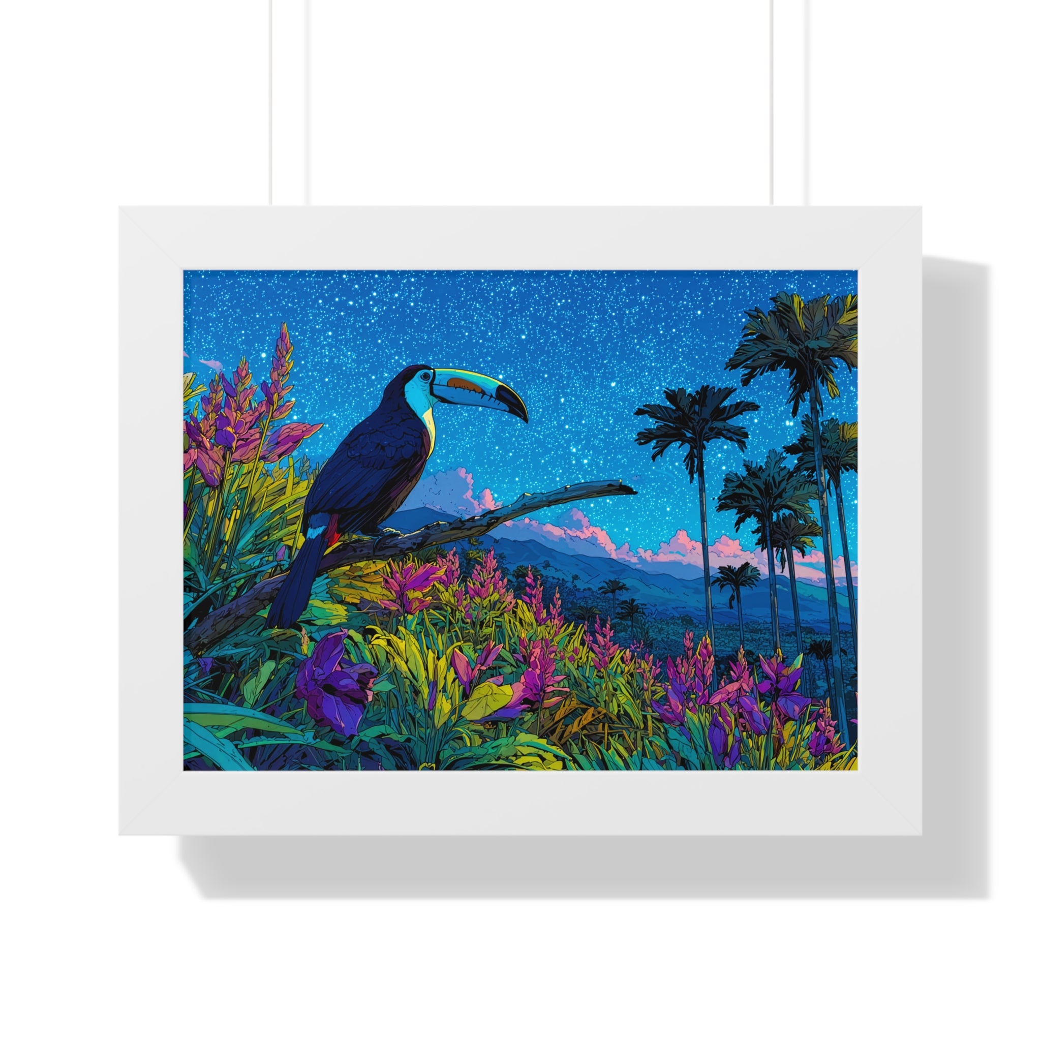 Framed Tropical Toucan Poster — Vibrant Night Jungle Wall Art
