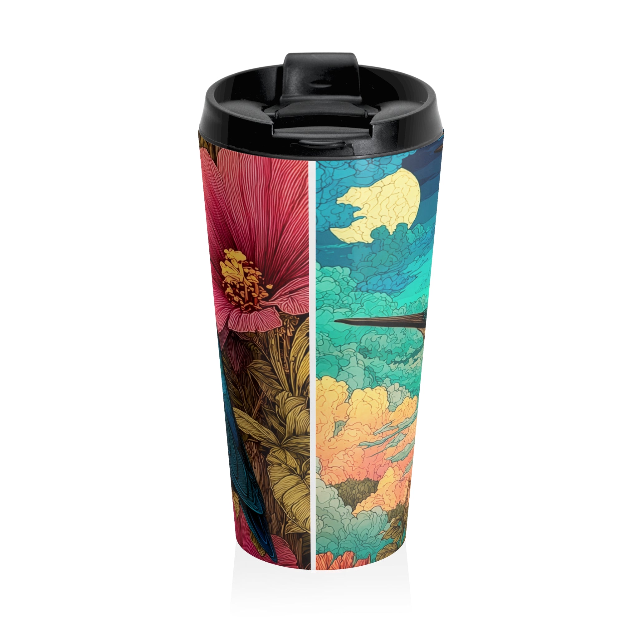 Hummingbird Stainless Steel Travel Mug — Bright Colorful Floral Design
