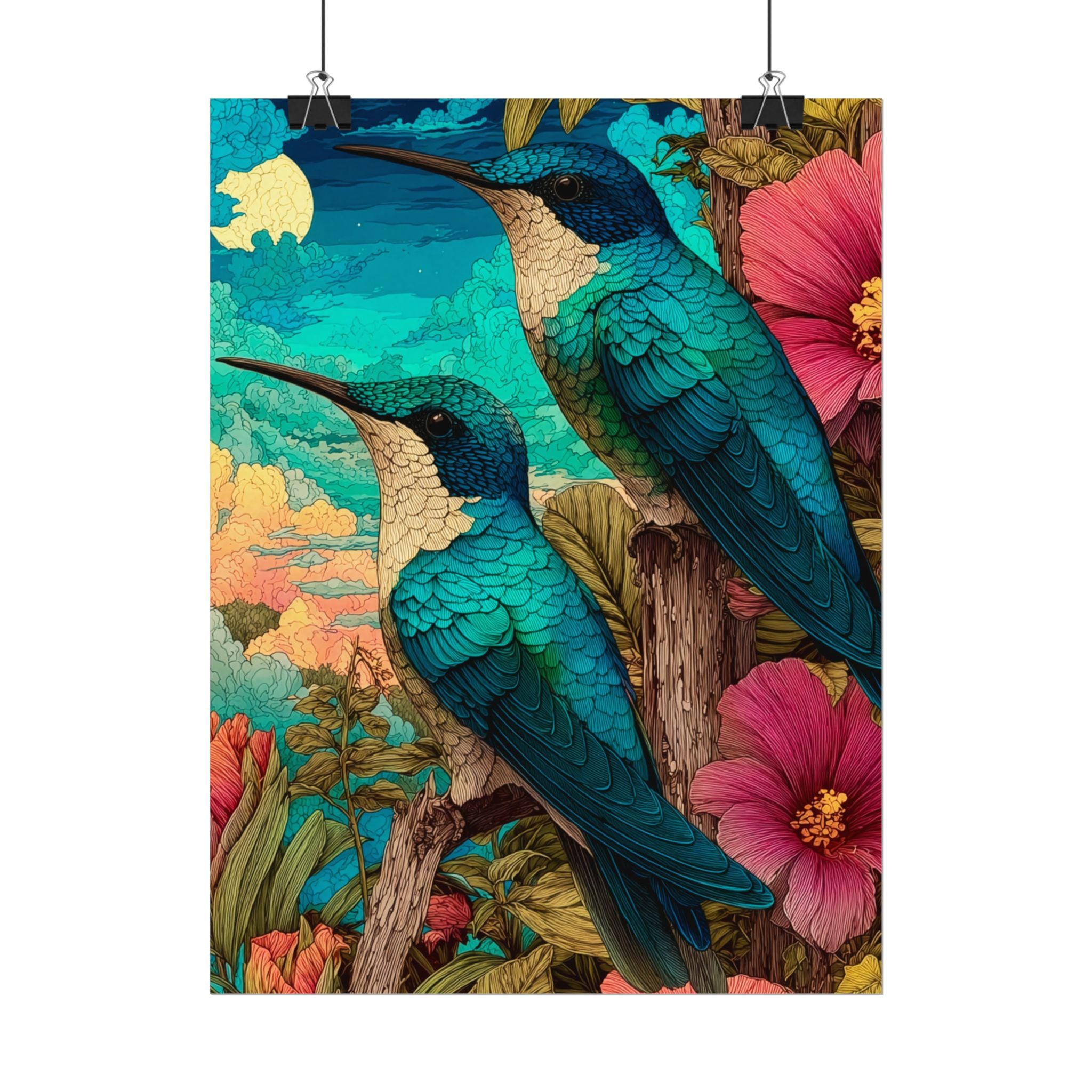 Hummingbird Watercolor Art Poster — Textured Matte Nature Print