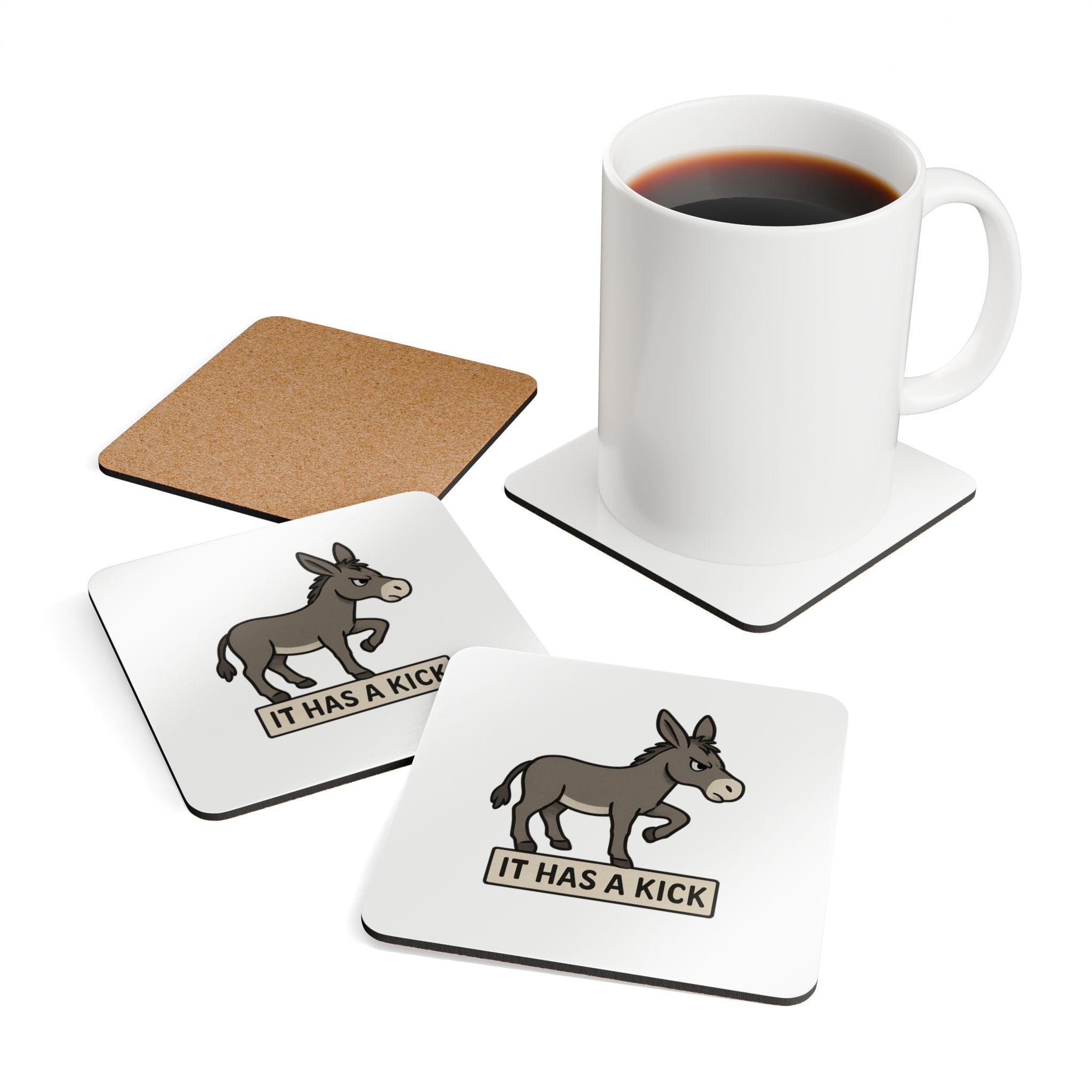 Donkey 'It Has a Kick' Cork Coaster Set – Funny Animal Drink Coasters (4-Pack)