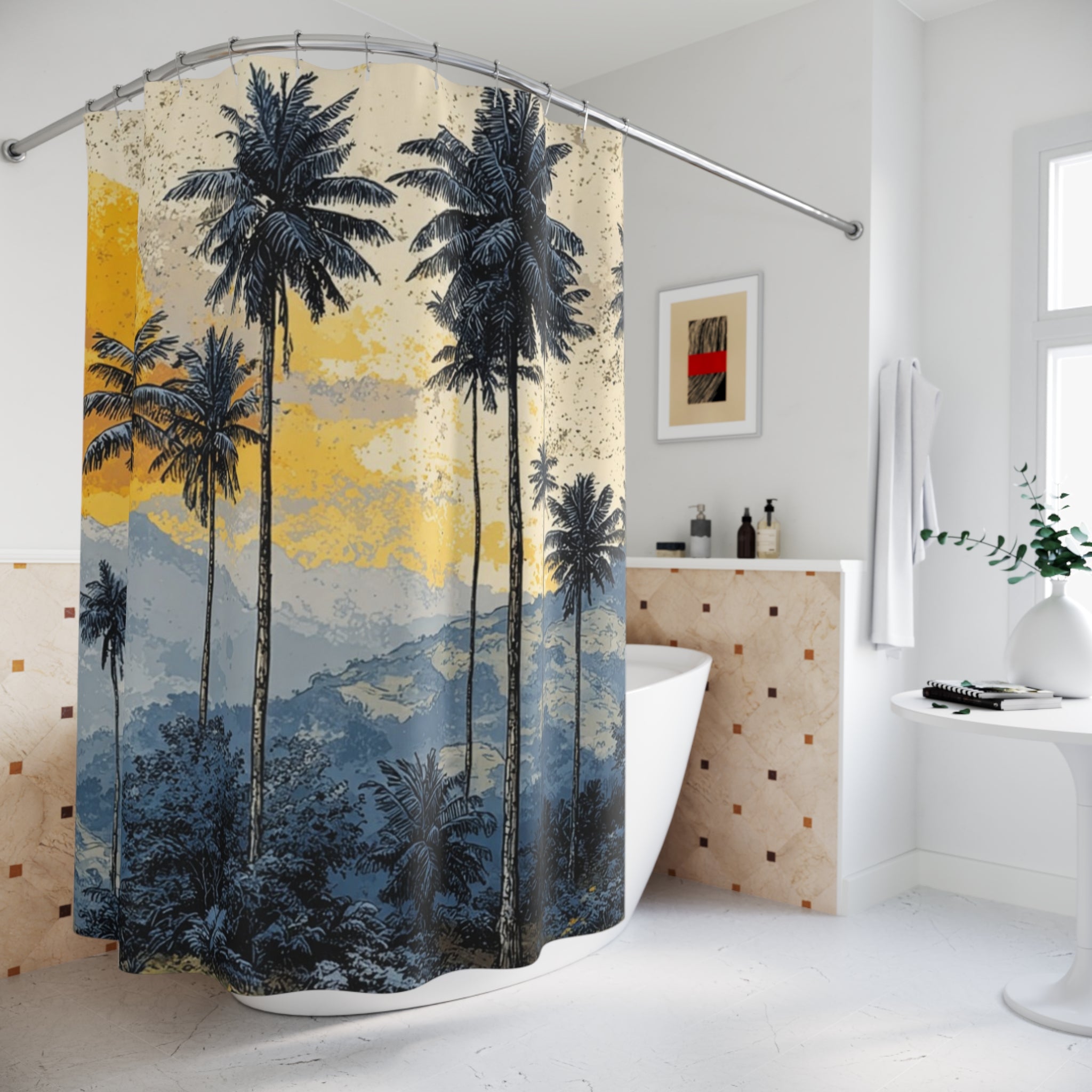 Tropical Palm Sunset Shower Curtain — Beachy Boho Bathroom Decor