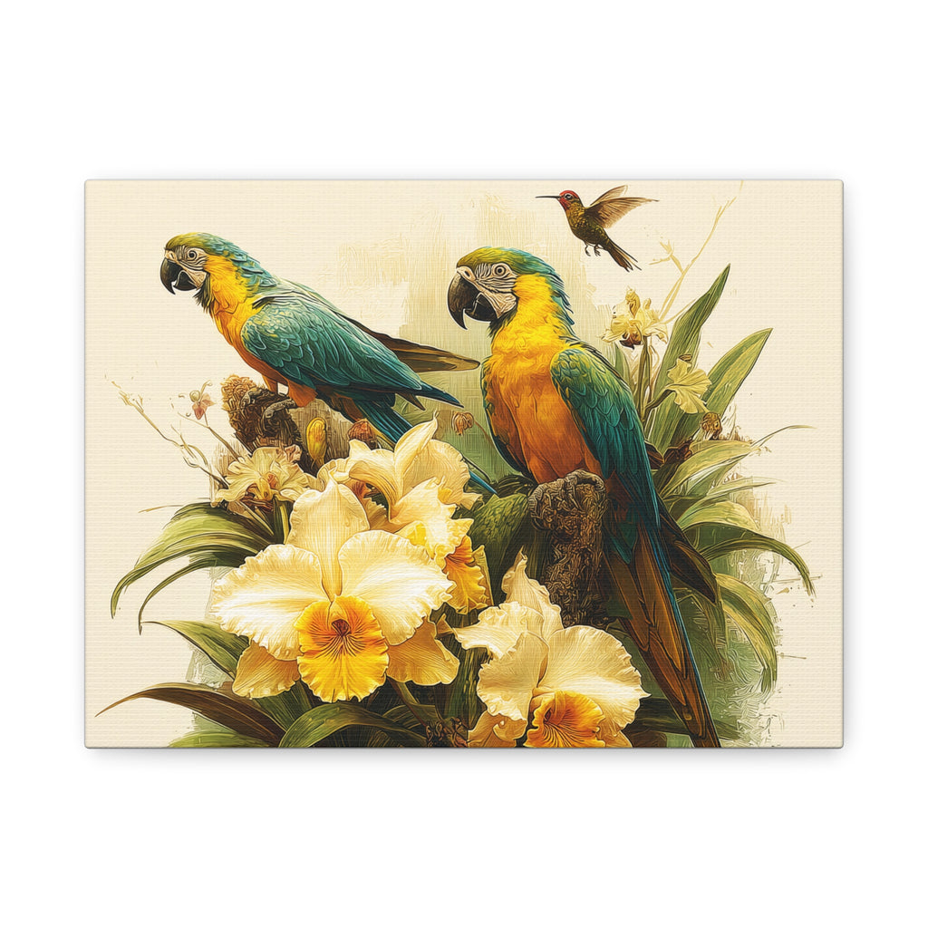 Tropical Parrot Canvas Wall Art — Blue-and-Gold Macaws with Orchids