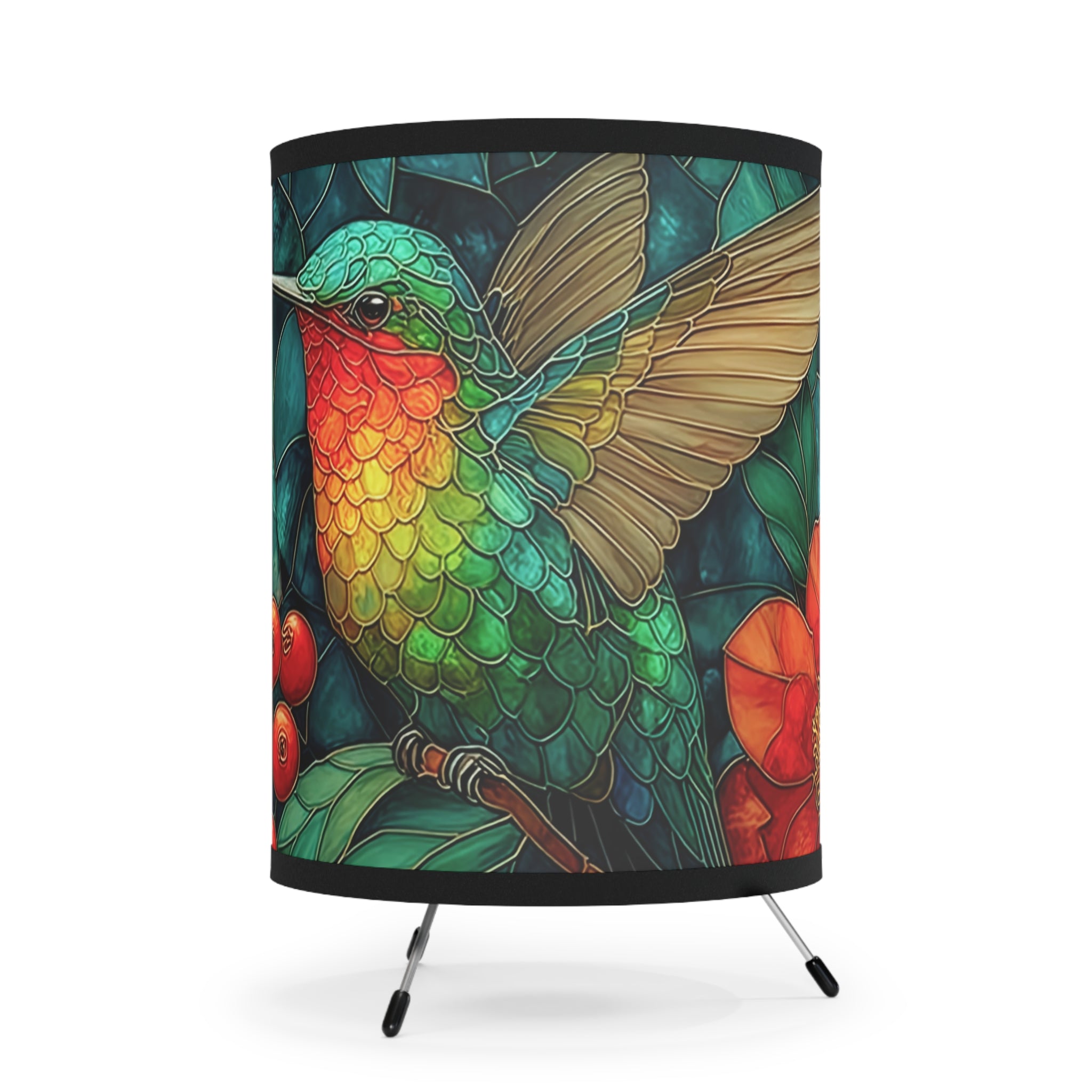 Hummingbird Tripod Lamp — Stained-Glass Styled Floral Printed Shade