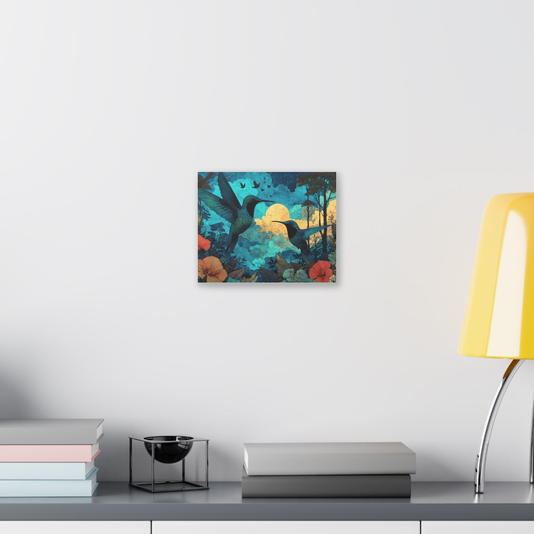 Hummingbird Moonlight Dance Canvas Wall Art — Tropical Floral Stretched Canvas