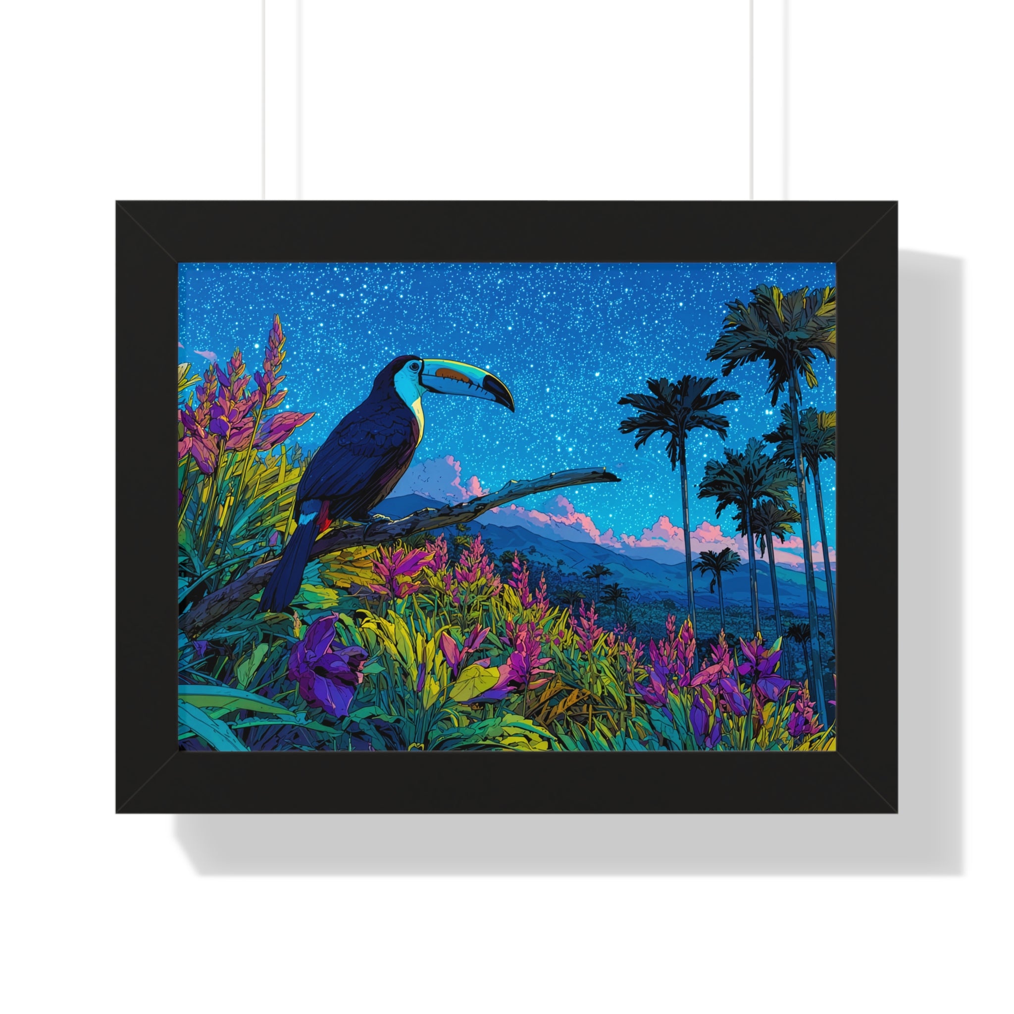 Framed Tropical Toucan Poster — Vibrant Night Jungle Wall Art