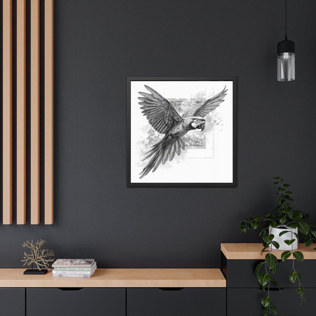 Framed Poster — Black & White Flying Macaw Art Print