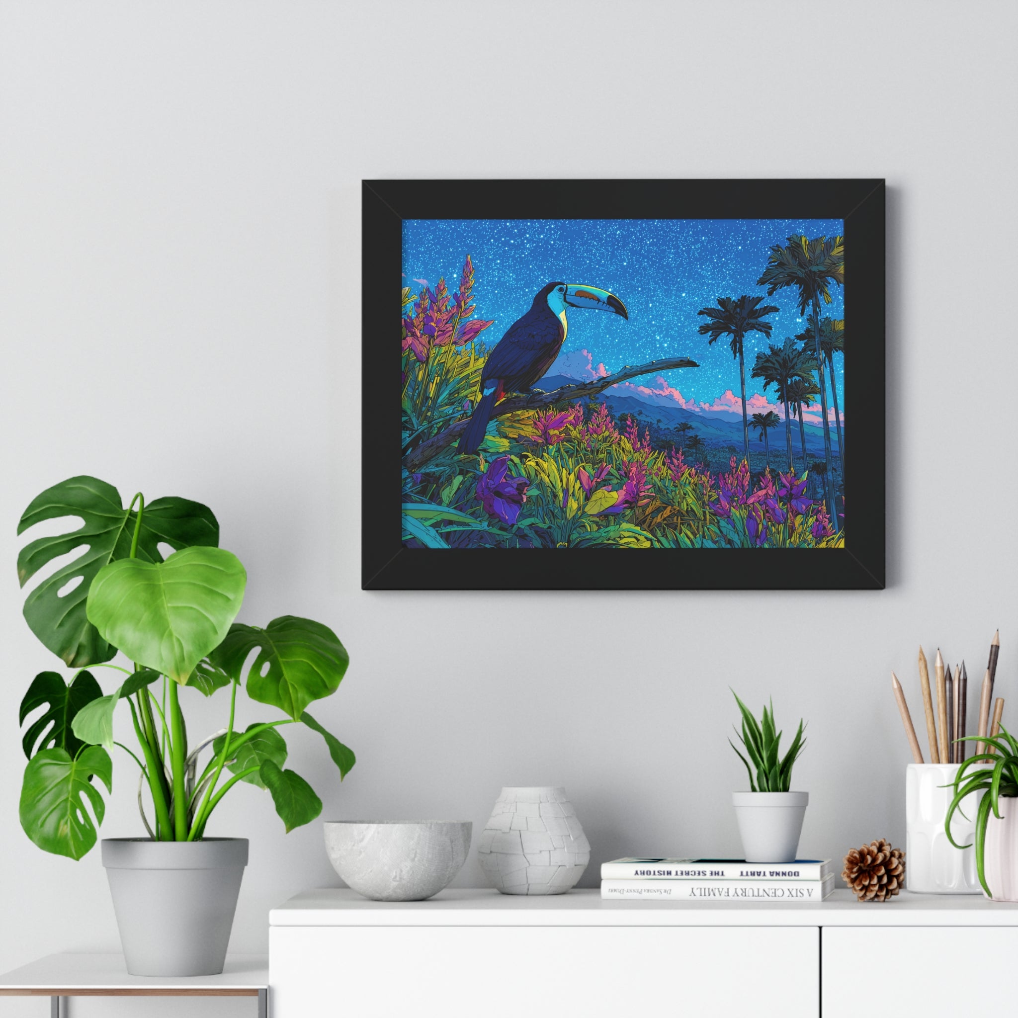 Framed Tropical Toucan Poster — Vibrant Night Jungle Wall Art