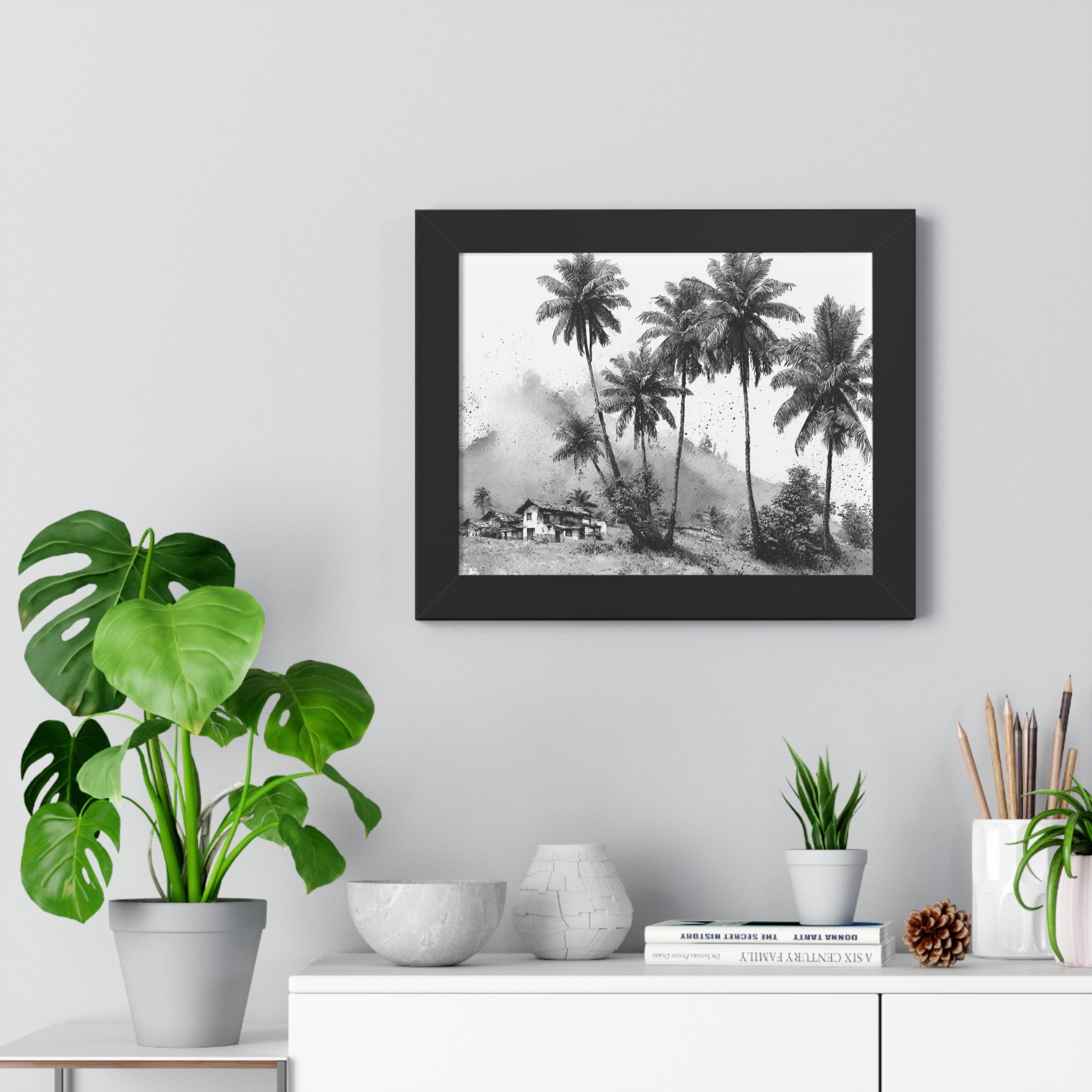 Framed Poster - Black & White Tropical Palm Landscape