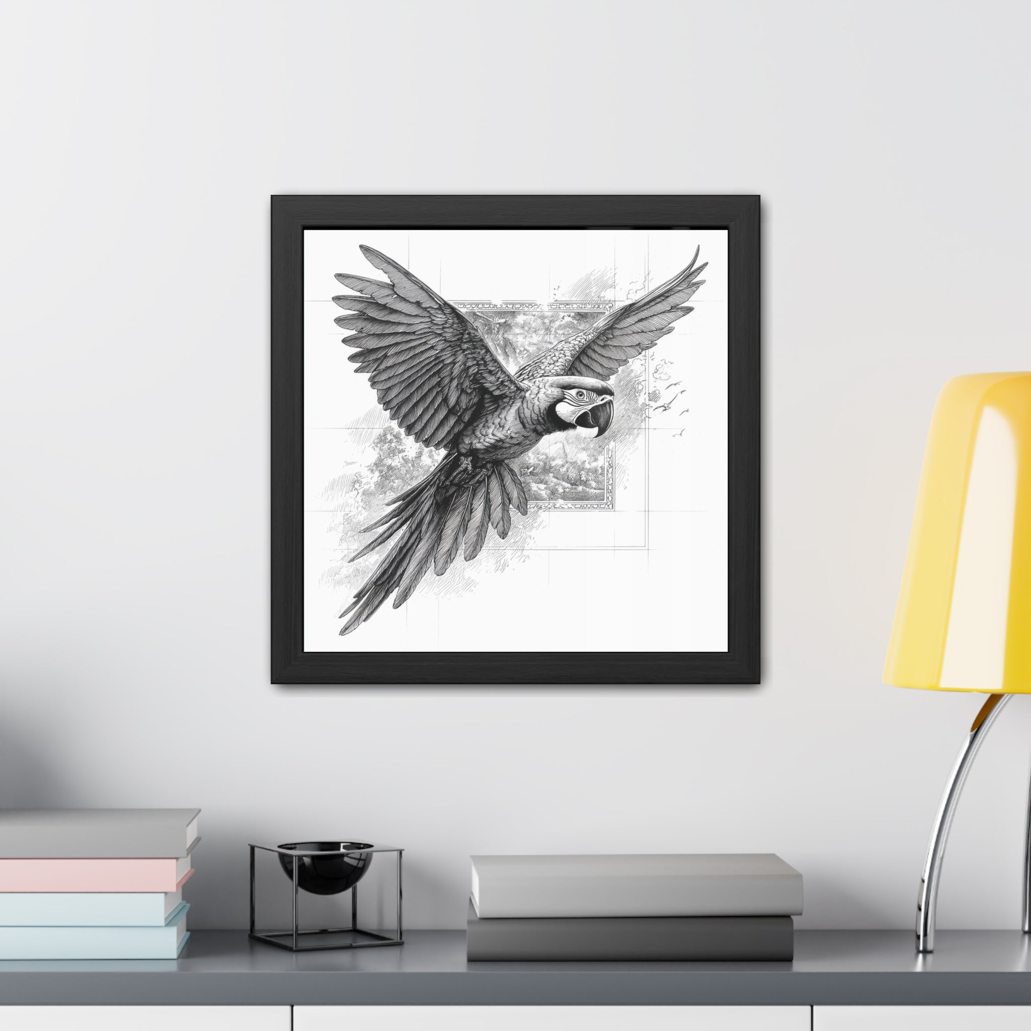 Framed Poster — Black & White Flying Macaw Art Print