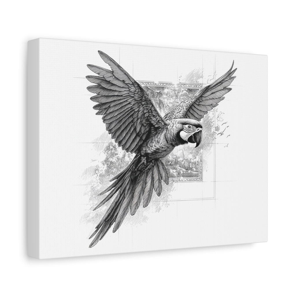 Flying Parrot Canvas Print — Detailed Black & White Macaw Wall Art (Matte Stretched)