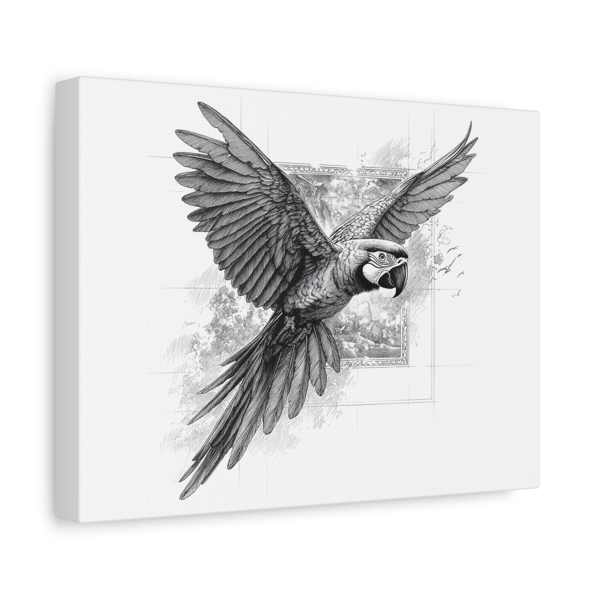 Flying Parrot Canvas Print — Detailed Black & White Macaw Wall Art (Matte Stretched)