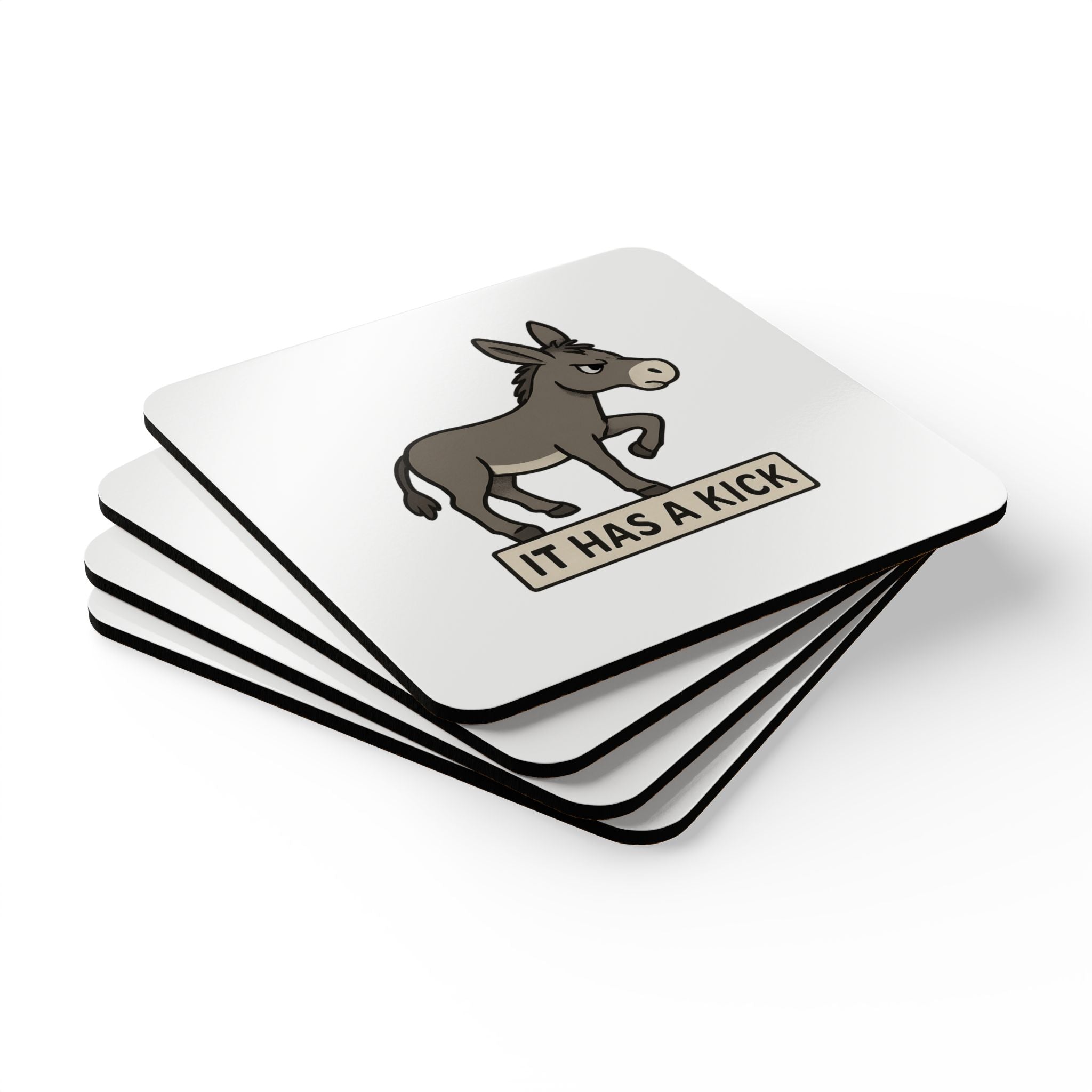 Donkey 'It Has a Kick' Cork Coaster Set – Funny Animal Drink Coasters (4-Pack)