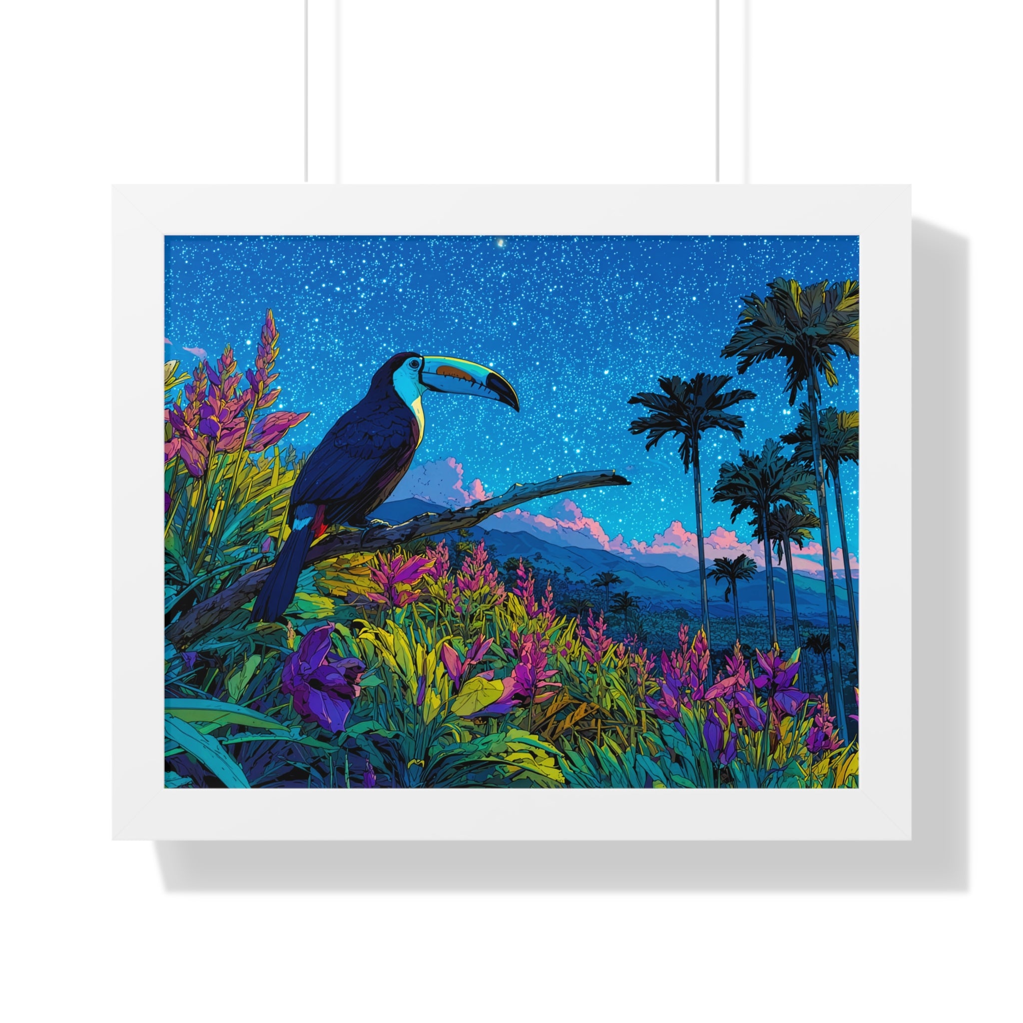 Framed Tropical Toucan Poster — Vibrant Night Jungle Wall Art