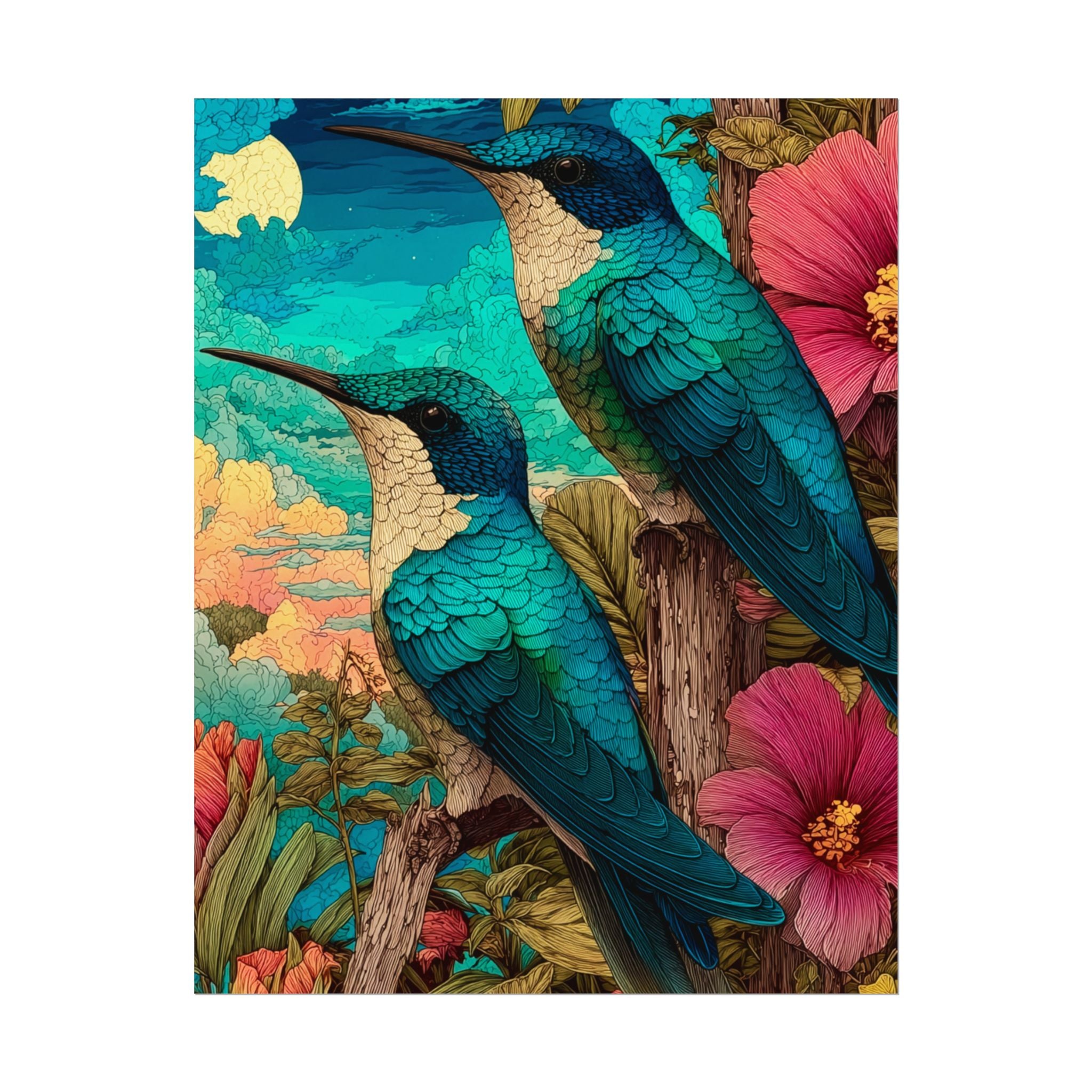 Hummingbird Watercolor Art Poster — Textured Matte Nature Print