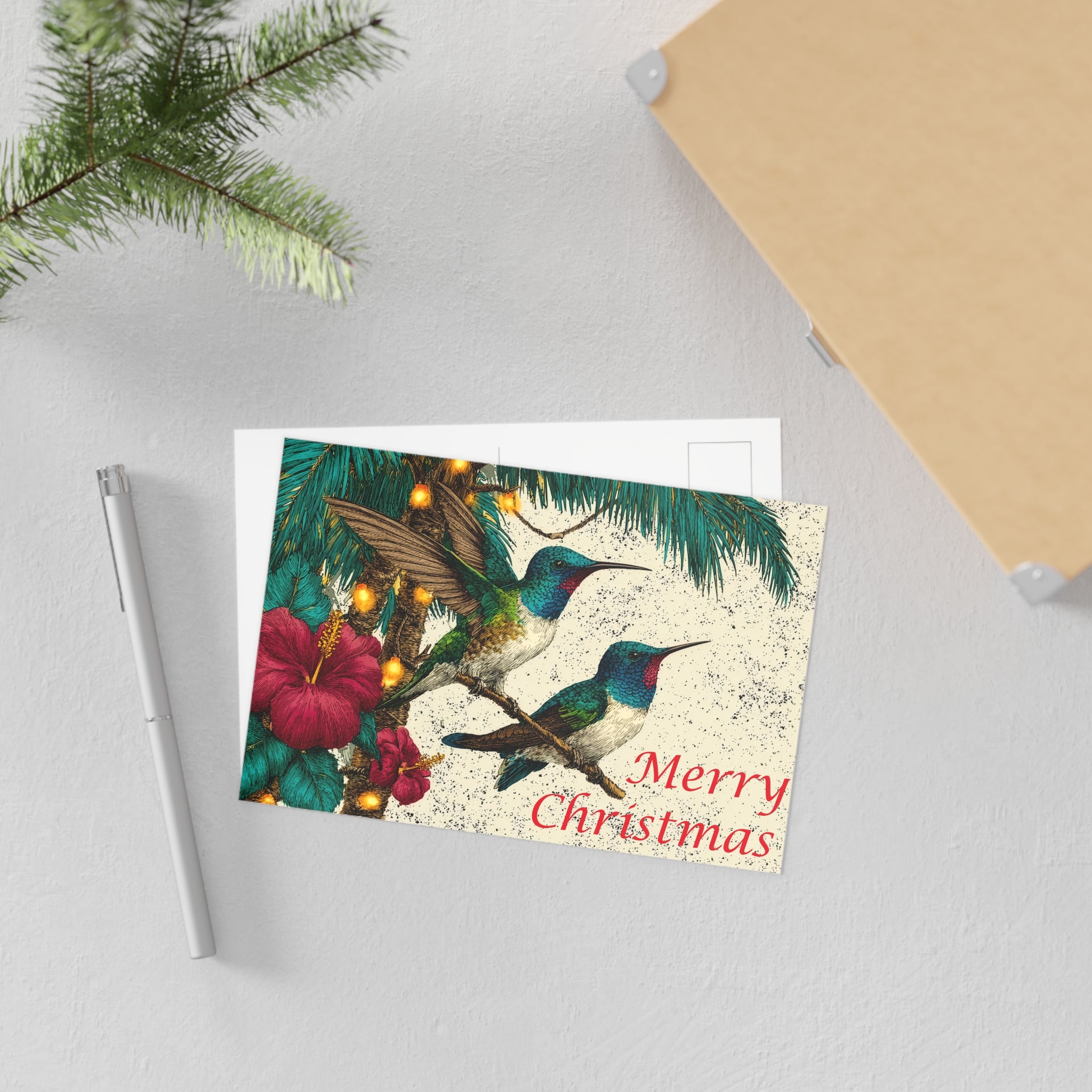 Christmas Hummingbird Fine Art Postcards — Vintage Floral Holiday Cards (Merry Christmas)