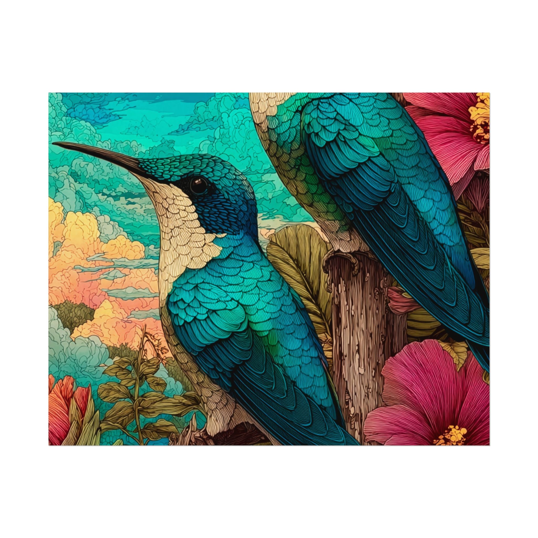 Hummingbird Watercolor Art Poster — Textured Matte Nature Print