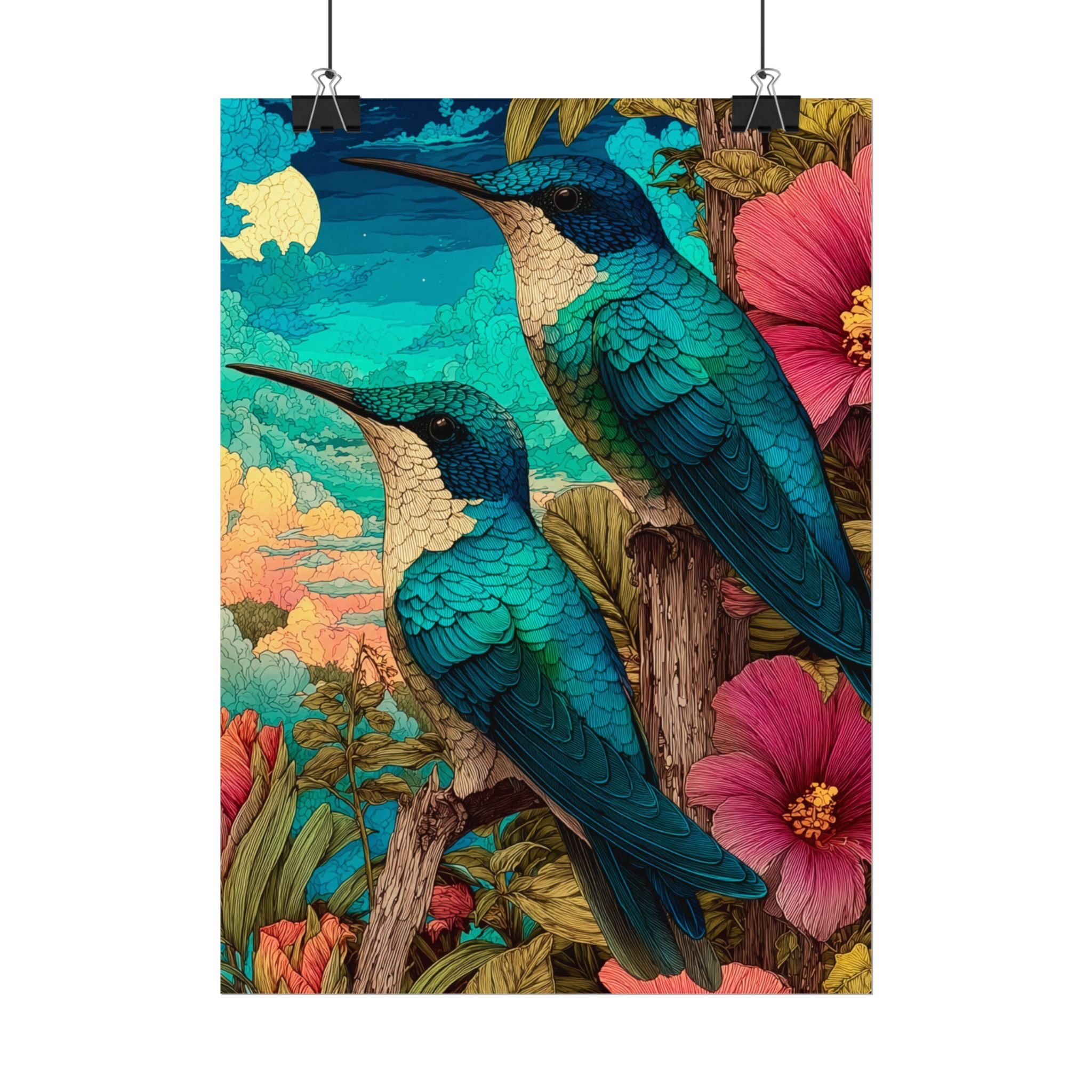 Hummingbird Watercolor Art Poster — Textured Matte Nature Print