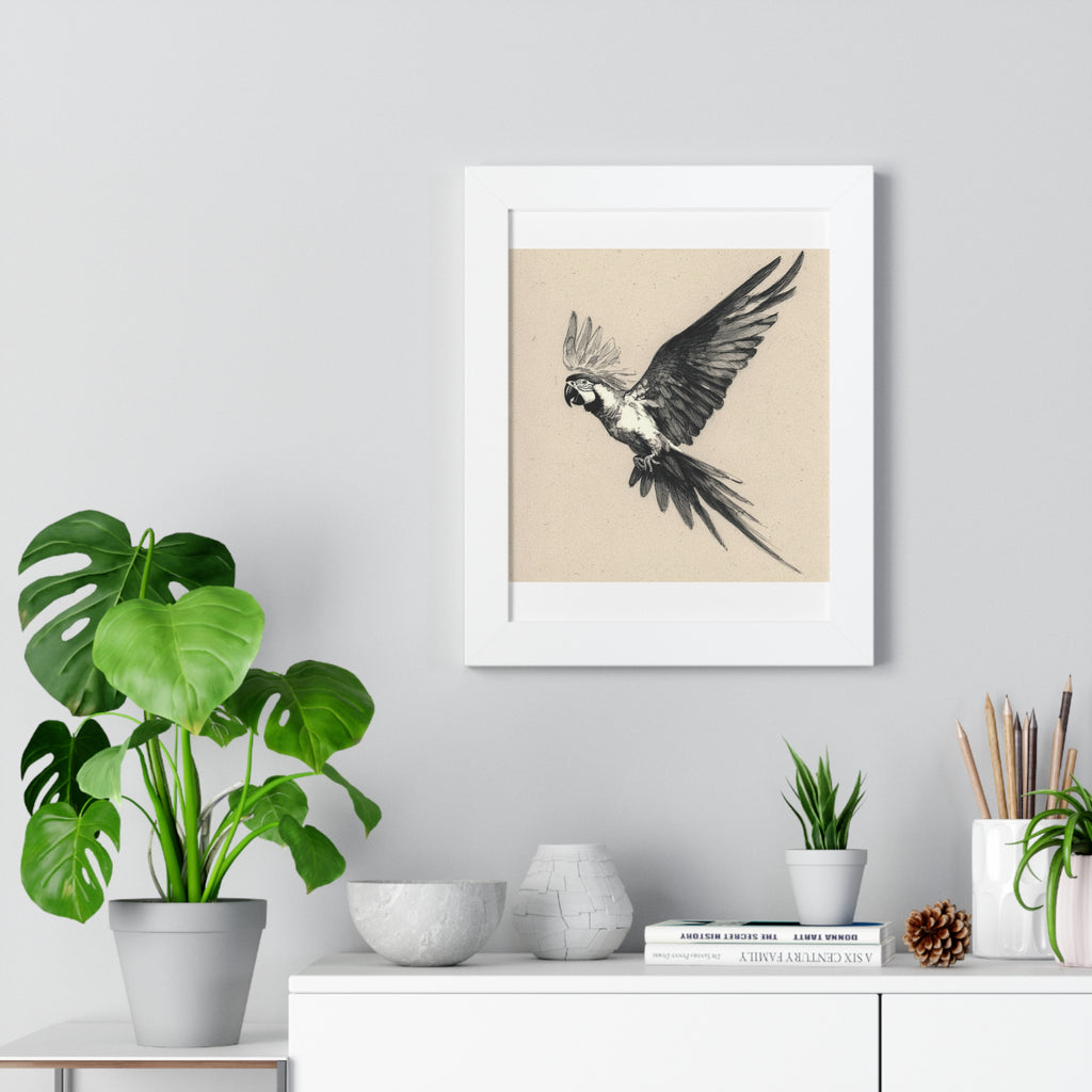 Framed Parrot Art Print — Vintage Black & White Aviary Poster