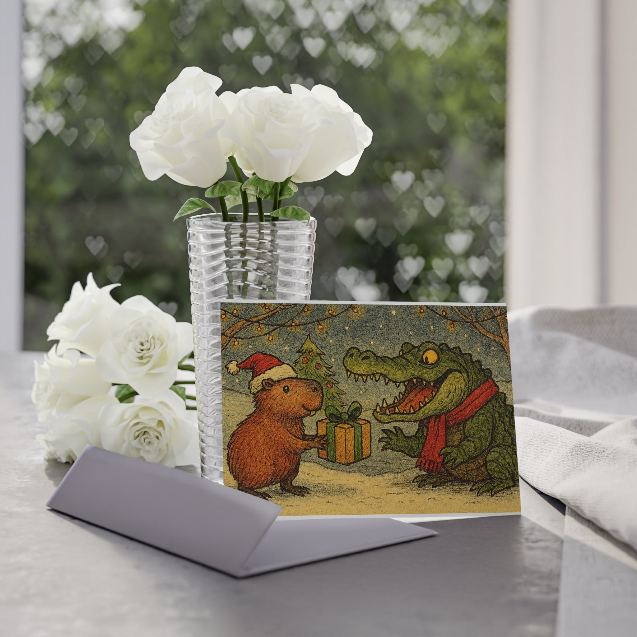 Cute Capybara & Crocodile Holiday Card — Festive Gift Exchange Christmas Card