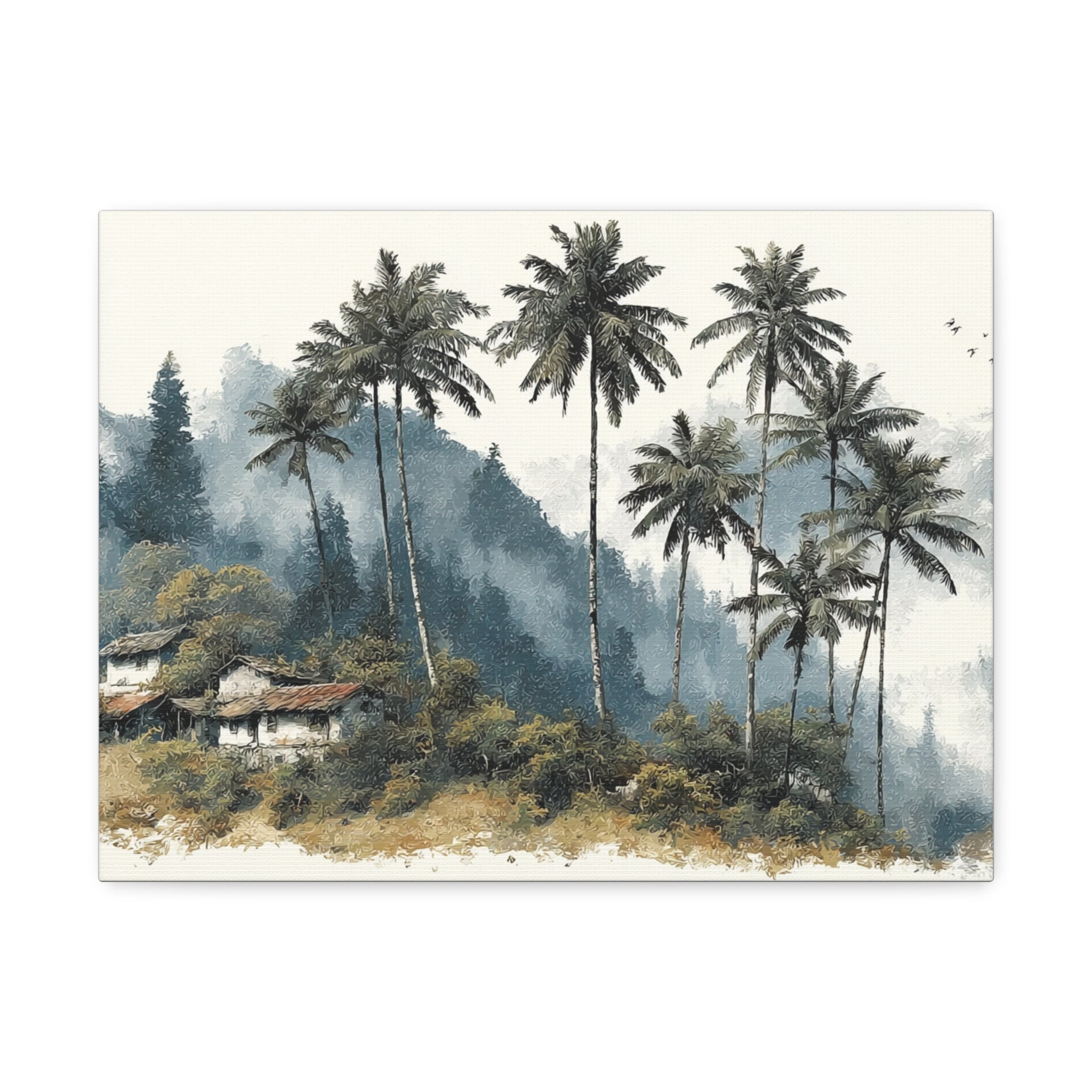 Tropical Palm Landscape Stretched Canvas – Serene Coastal Cottage Wall Art