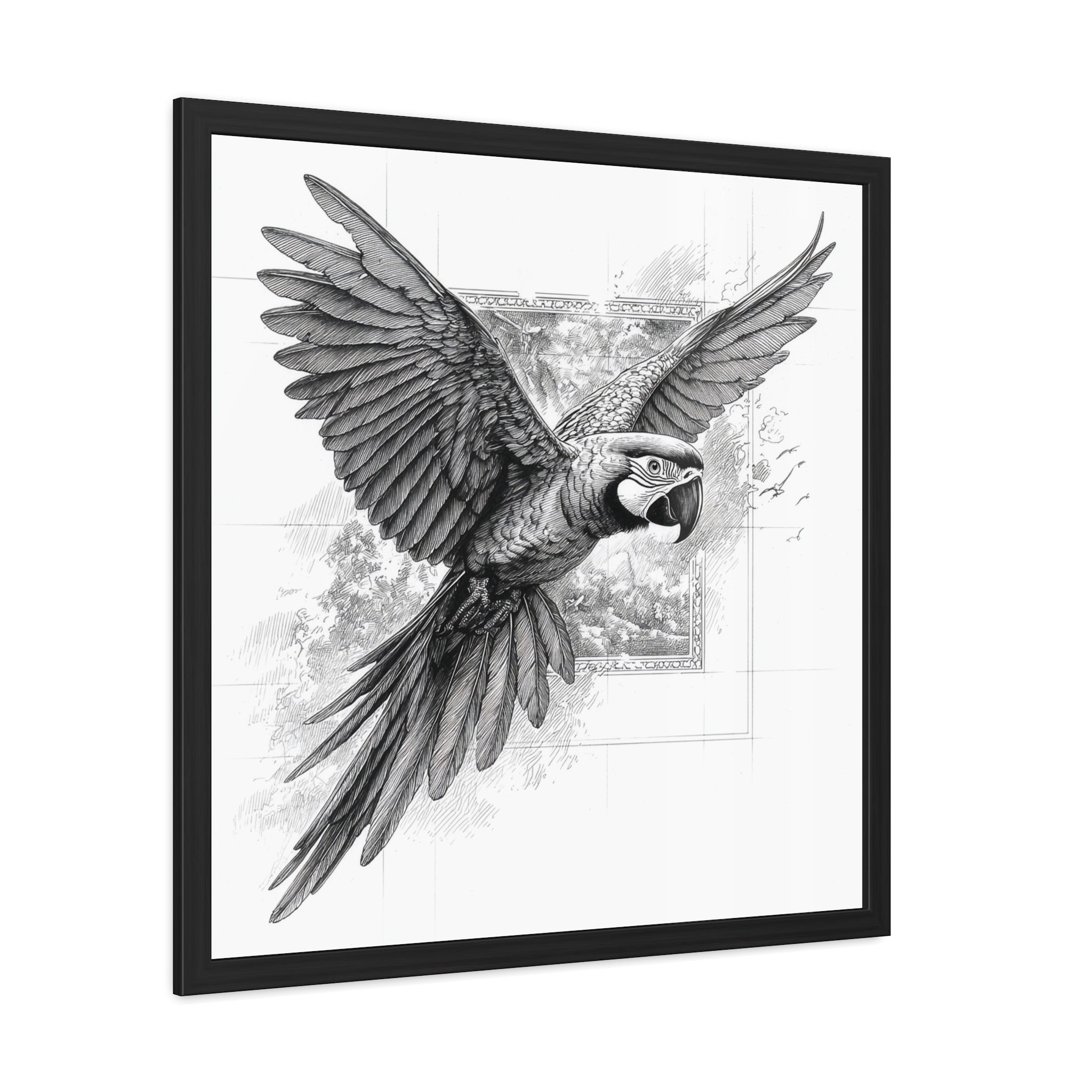 Framed Poster — Black & White Flying Macaw Art Print